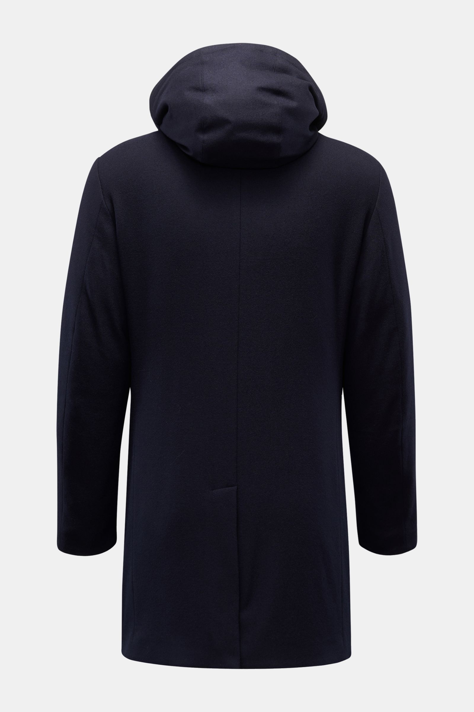 Rear view of the Montecore Short down coat, navy, showing its detachable hood and slim fit silhouette in a dark navy color.

An elegant essential for winter: This down jacket by MONTECORE is warm and comfortable, with an elegant silhouette. The detacha