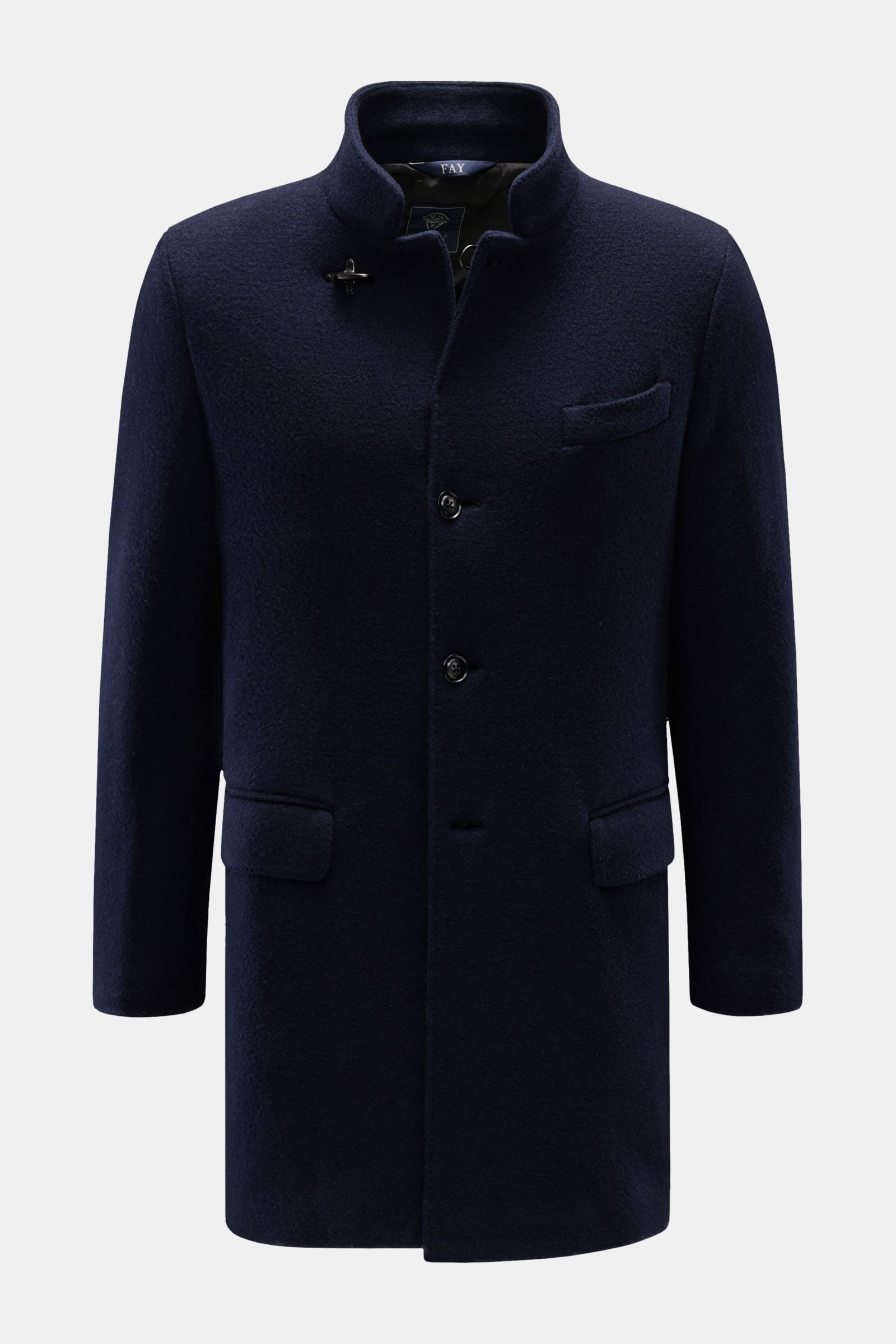 Front view of Fay Jersey-Mantel 'Duty Coat' navy, a slim fit wool-microfiber jersey coat with soft melierte texture, three buttons, variable collar, leather trim, carabiner closure, chest and flap hip pockets, buttoned sleeves, half-lined with one inside 