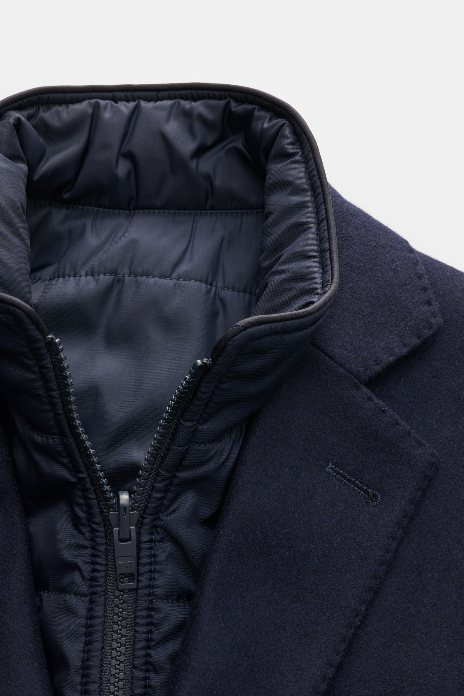 Fay Mantel 'Double Coat' mit Weste navy, Nahaufnahme von Reverskragen, Steppweste mit Reißverschluss, Wolle-Cashmere-Mix, Slim Fit