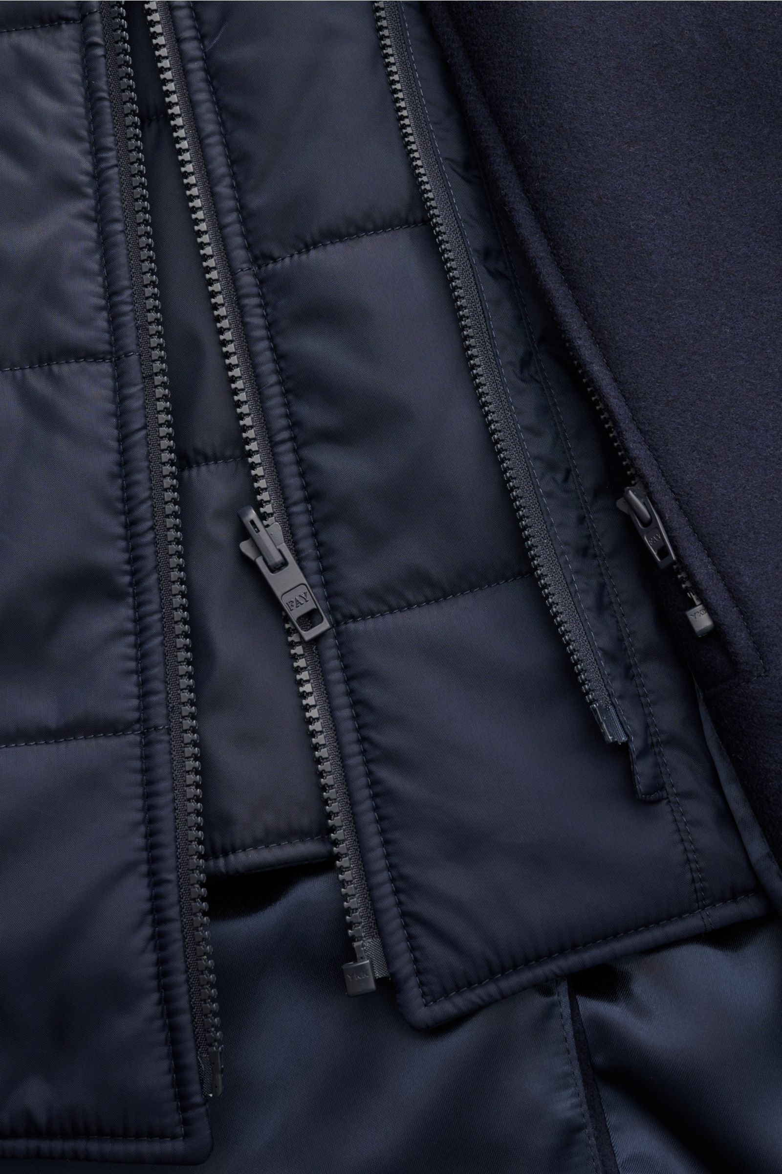 Fay Mantel 'Double Coat' mit Weste navy, Detailaufnahme Innenansicht mit Reißverschlüssen der herausnehmbaren Microfaser-Steppweste.