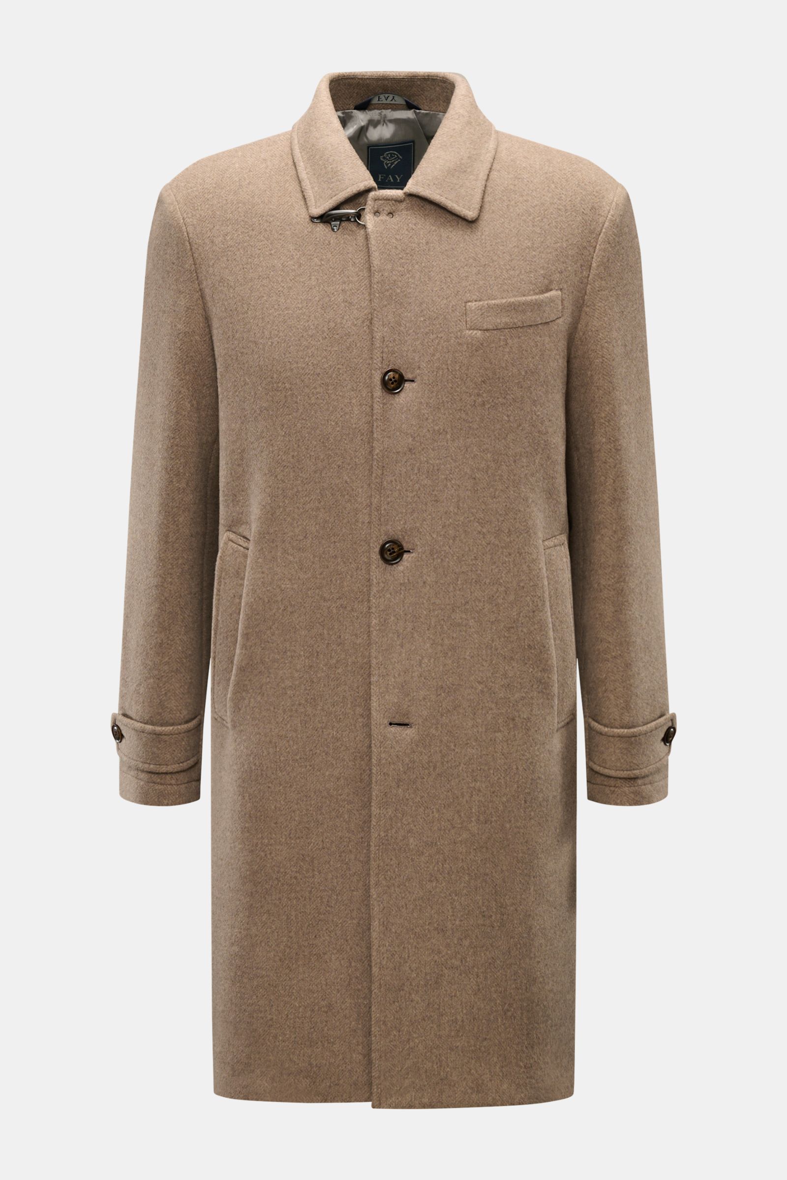 Front view of Fay Mantel beige meliert, a slim fit unconstructed coat made from a soft wool-microfiber blend with subtle herringbone pattern, featuring a three-button placket, turn-down collar with signature carabiner closure, classic chest pocket, slante