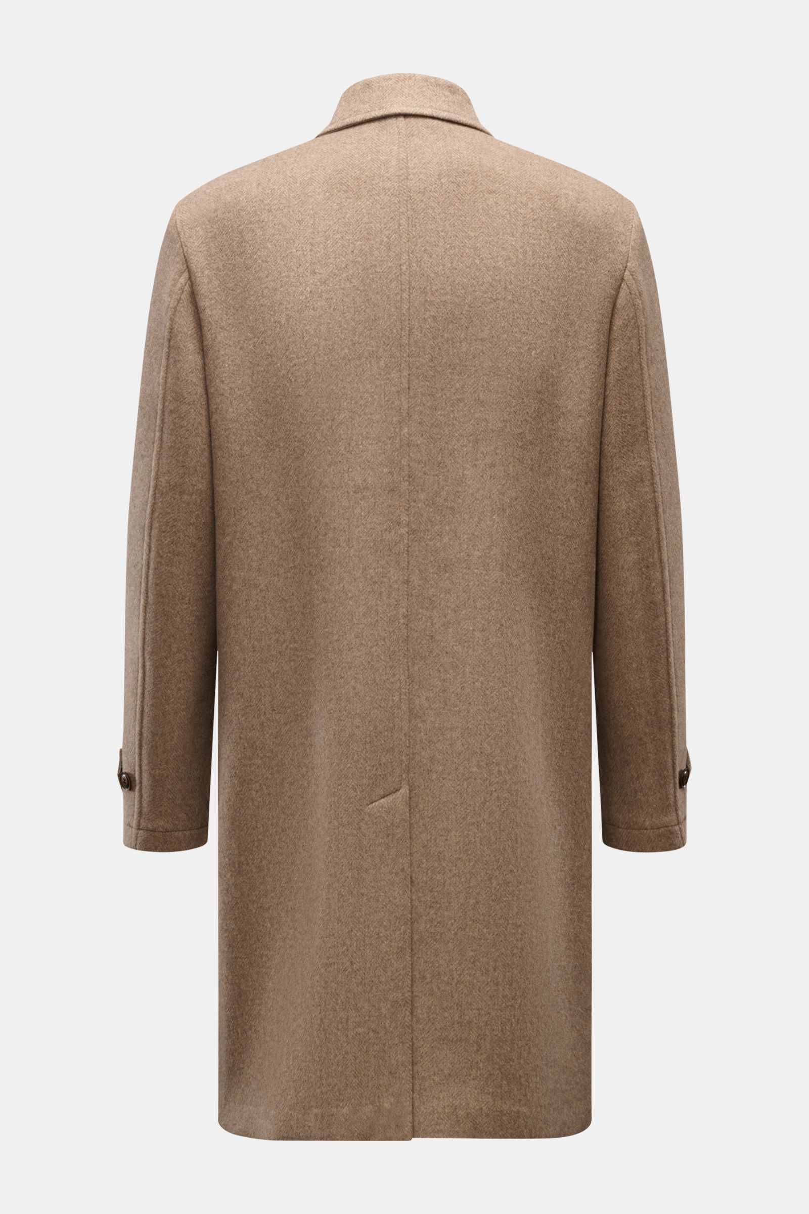 Back view of Fay Mantel beige meliert, a slim fit Unconstructed coat in a wool-microfiber mix with soft feel, subtle herringbone, three-button front, turn-down collar, signature carabiner closure under collar, classic chest pocket, slanted welt pockets, b