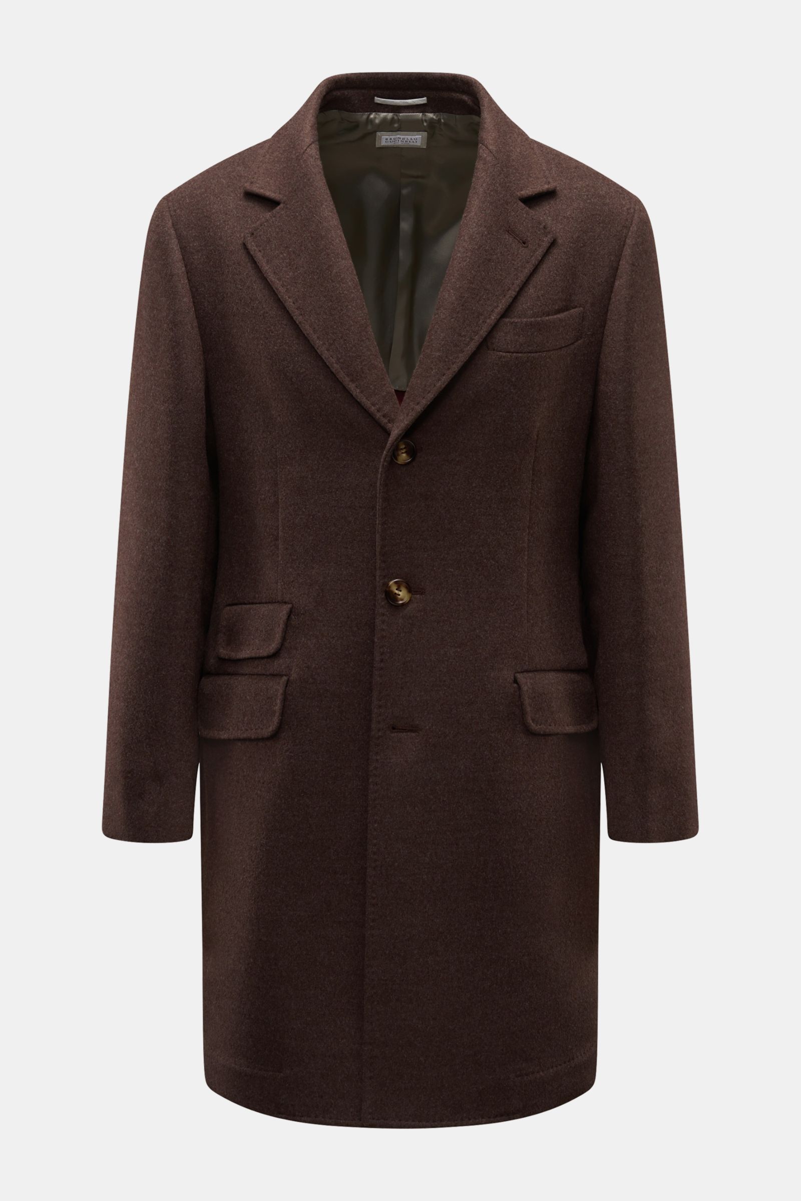 Brunello Cucinelli Coat brown shown from the front, a luxurious unconstructed pure wool coat with soft feel, slim fit, three-button placket, adjustable lapel, breast pocket, hip flap pockets, ticket pocket, button cuffs, side vents, half lined, and three 