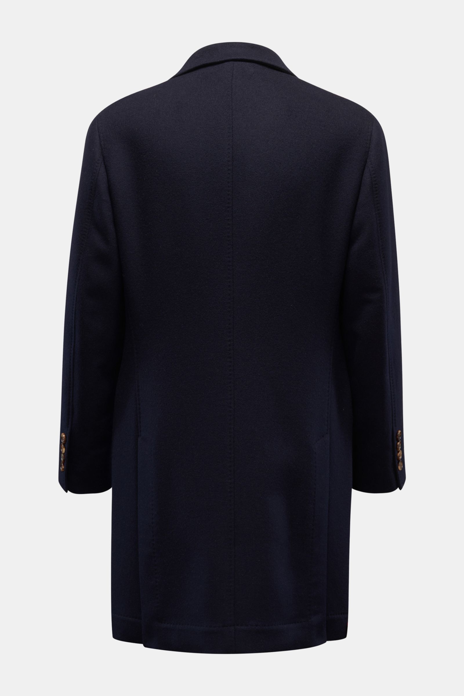 Rear view of the Brunello Cucinelli Coat navy, a luxurious slim-fit pure wool coat with adjustable lapel, three-button placket, and soft feel. Look forward to the cold weather: The luxurious unconstructed coat by Italian label BRUNELLO CUCINELLI, made of 