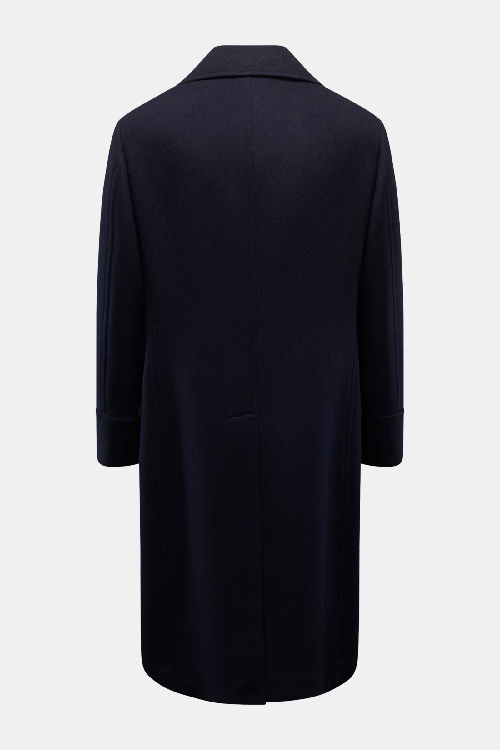 Brunello Cucinelli Wollmantel navy, Rückenansicht, reine Wolle, Slim Fit, breiter Reverskragen, Rückenmittelschlitz, halb gefüttert, zwei Innentaschen.