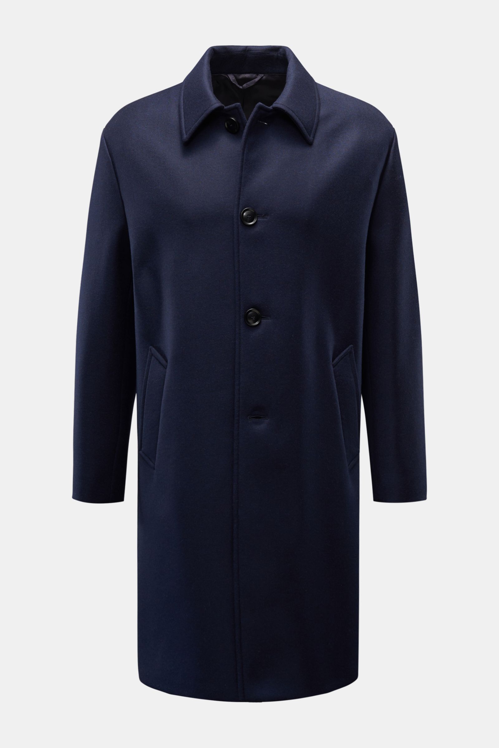 Doppiaa Mantel 'Aaladin' navy aus Woll-Mix, frontale Ansicht, Regular Fit, Vier-Knopf-Leiste, Umlegekragen, schräge Taschen, halb gefüttert.