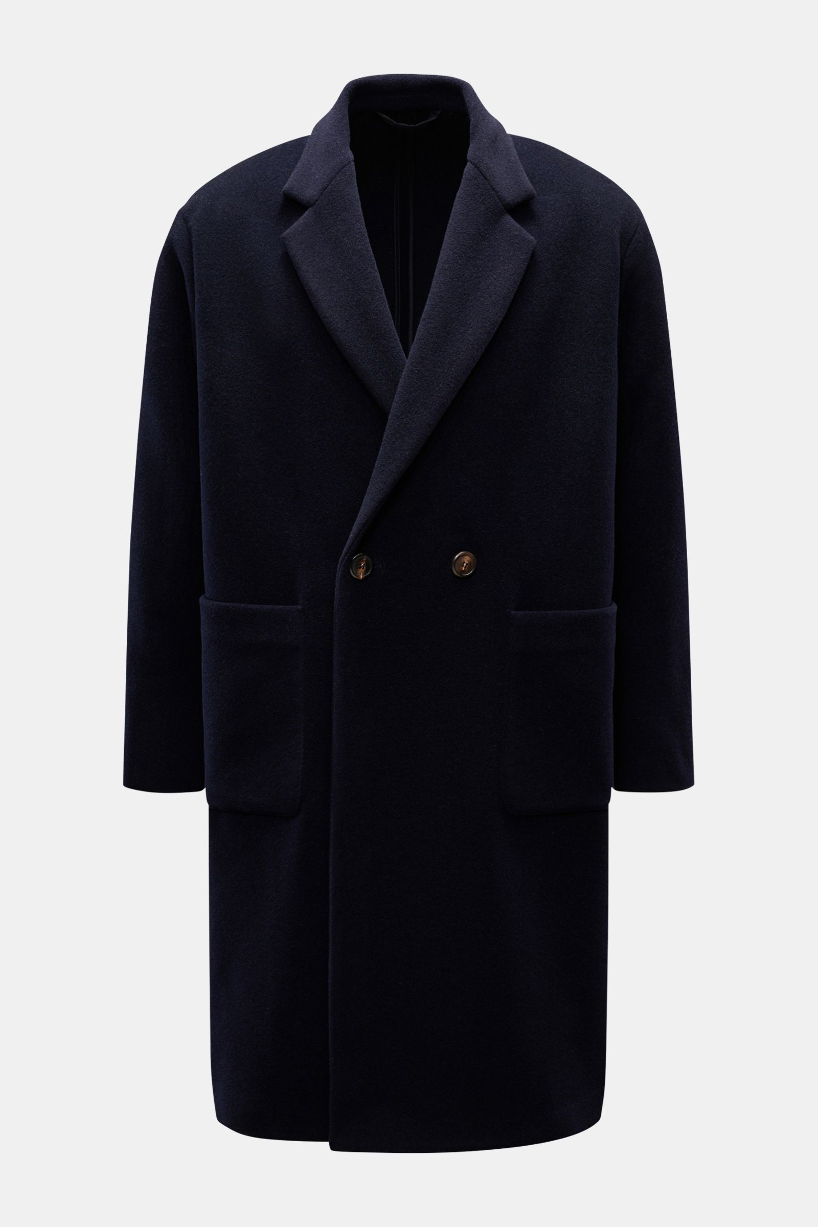 Doppiaa Mantel 'Aajax' navy, frontale Aufnahme, zweireihiger Ein-Knopf-Stil, fallendes Revers, weicher Alpaka-Woll-Mix, Regular Fit, Hüfttaschen, Rückenmittelschlitz.