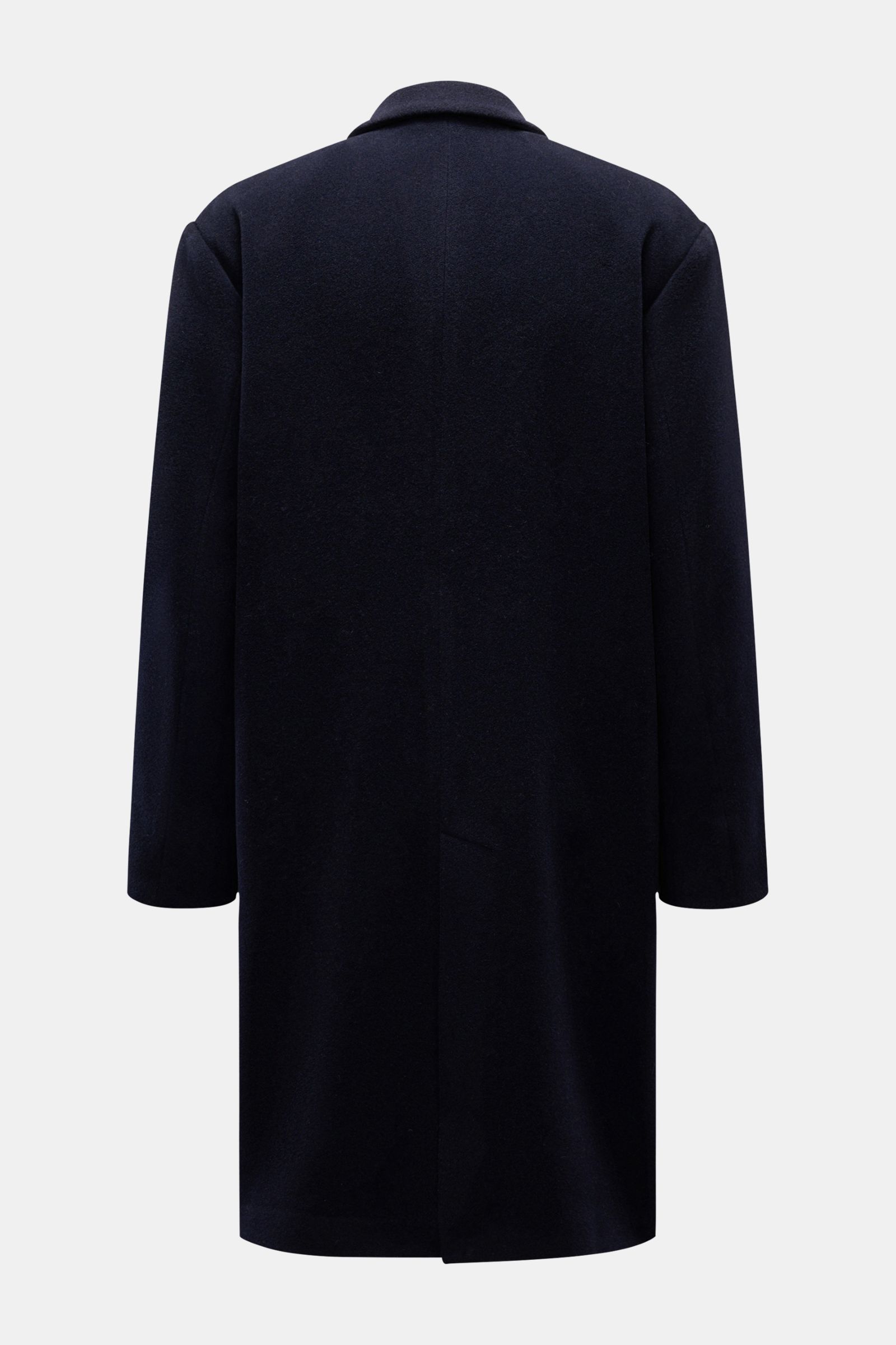Doppiaa Mantel 'Aajax' navy, Rückansicht, Regular Fit, weicher Alpakawolle-Mix, fallendes Revers, Rückenmittelschlitz, zwei Innentaschen.