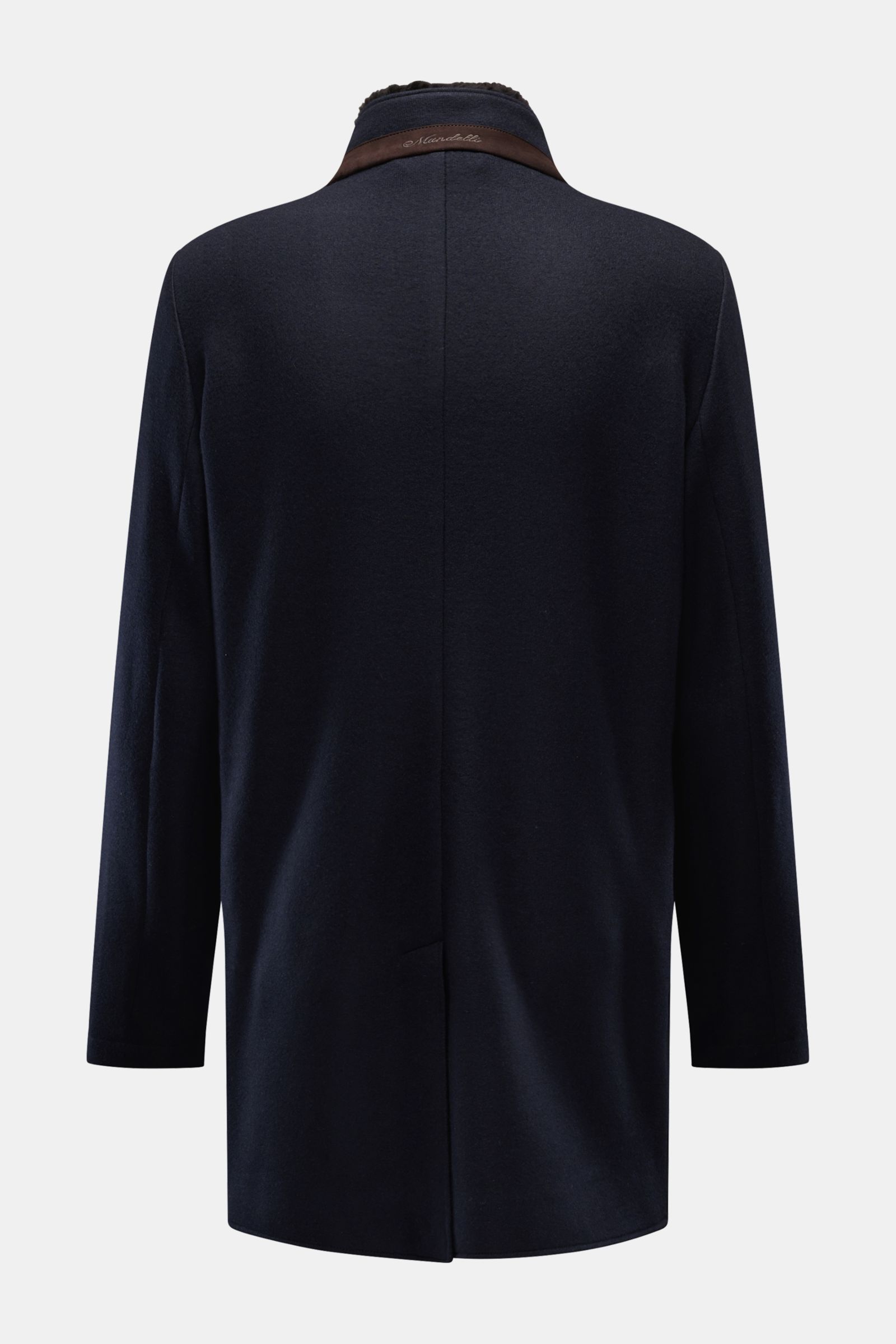 Mandelli Jersey-Mantel navy in Rückenansicht, Slim Fit aus weichem Cashmere-Jersey mit abnehmbarem Nerzkragen, Ziegenleder-Details, Rückenmittelschlitz.