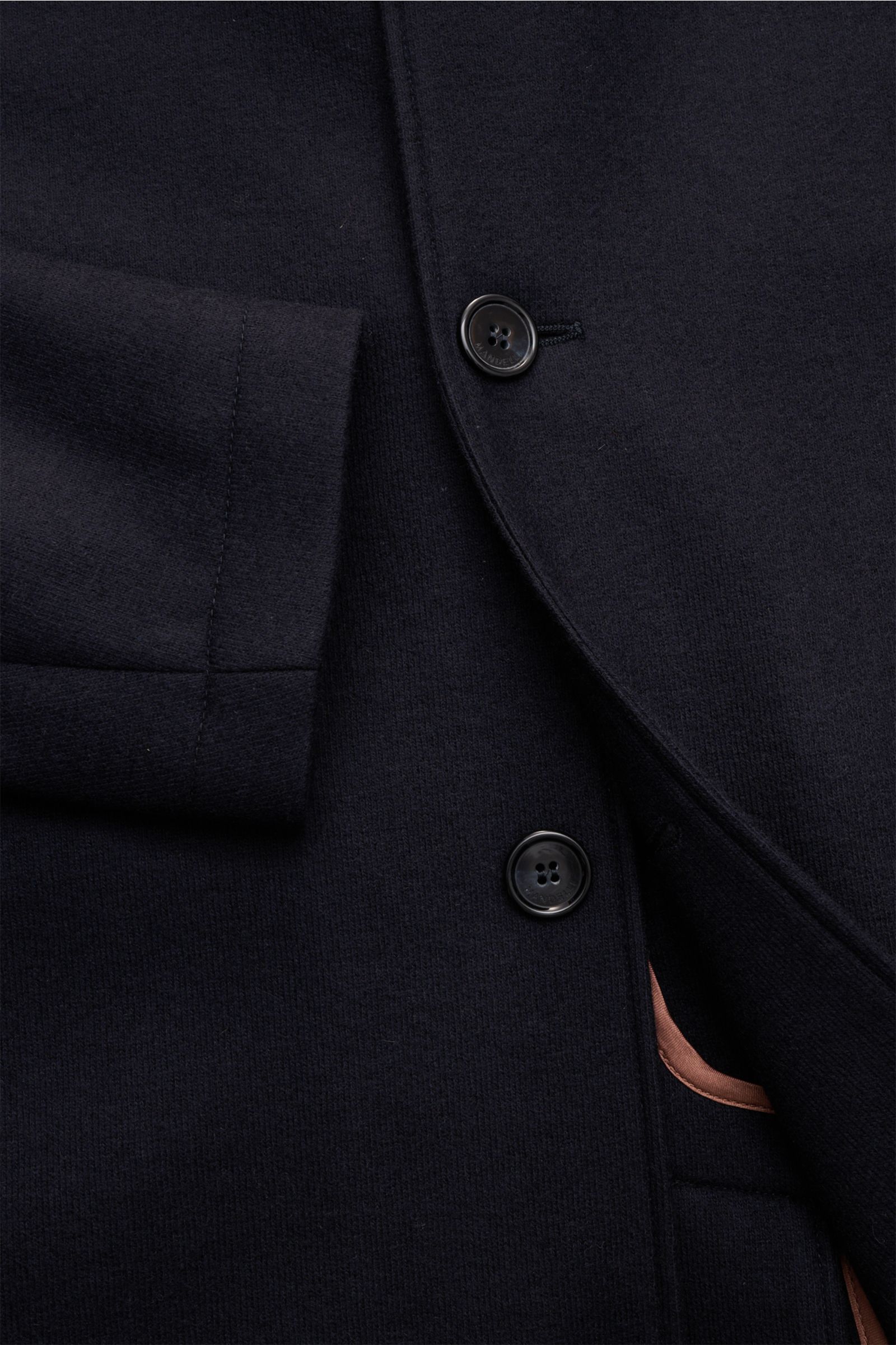 Nahaufnahme des Mandelli Jersey-Mantels navy aus Cashmere-Jersey mit Slim Fit, sechs Knöpfen, abnehmbarem Nerzkragen und Ziegenleder-Besatz.
