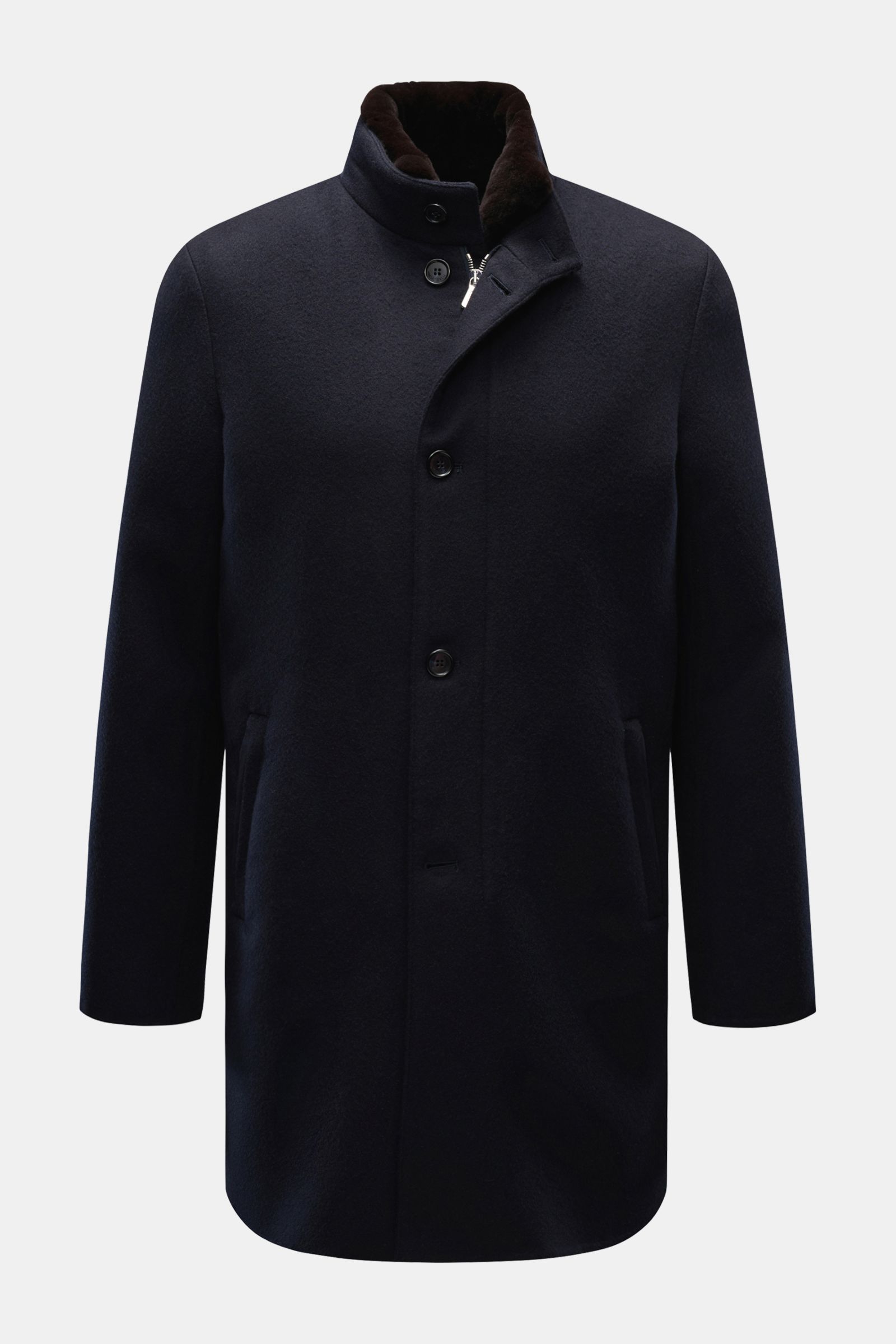 Mandelli Cashmere Mantel navy, frontal fotografiert, Slim Fit, reiner Cashmere, Stehkragen mit Nerz, abnehmbares Kaninchenfell-Futter, Knopfleiste, Zipper-Taschen.