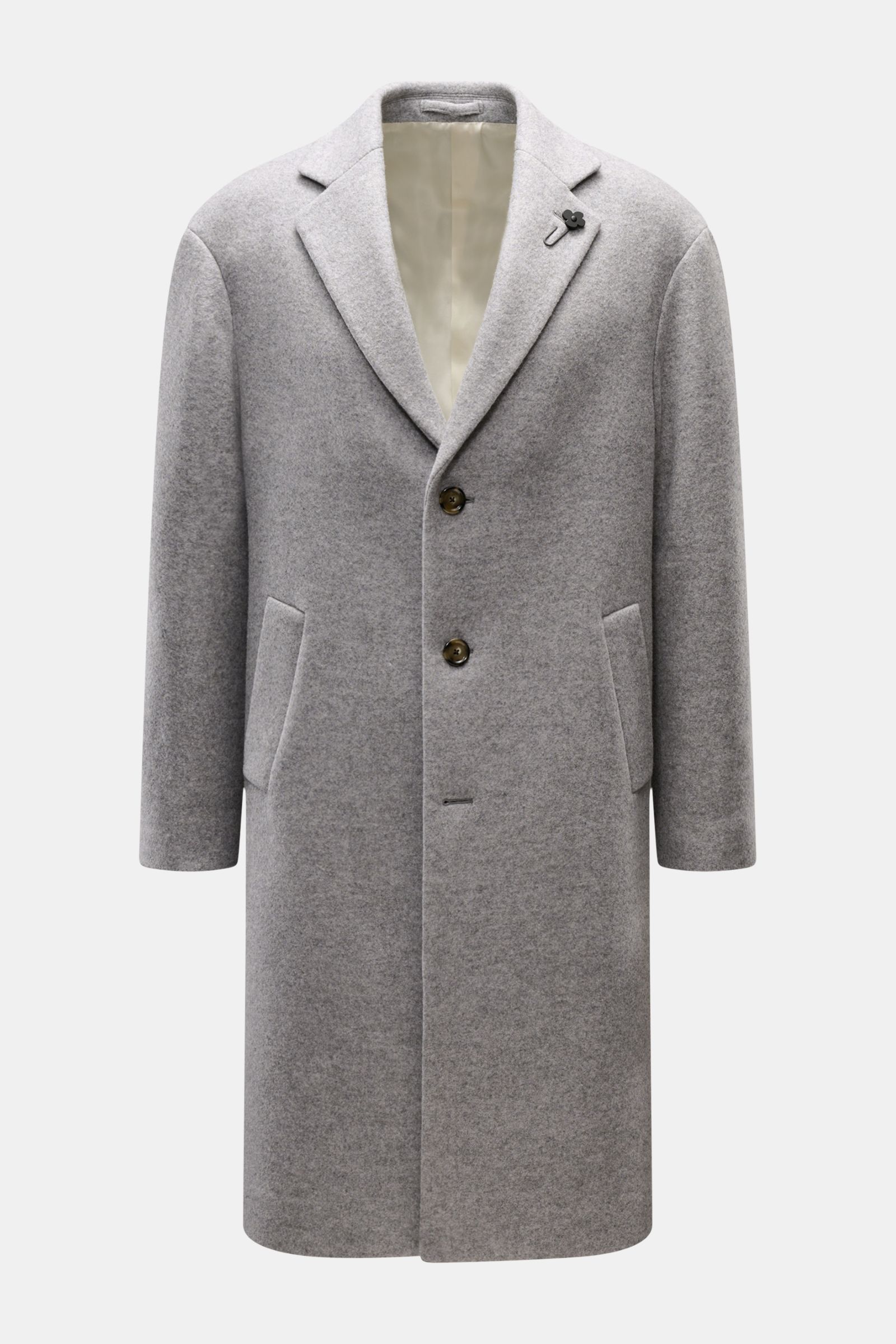 Front-facing view of a Lardini Mantel grau, a grey wool coat made from a blend of schurwolle, silk, cashmere, and nylon. This regular fit coat features a three-button front closure, notch lapel collar with a signature floral pin, slanted welt pockets, ton