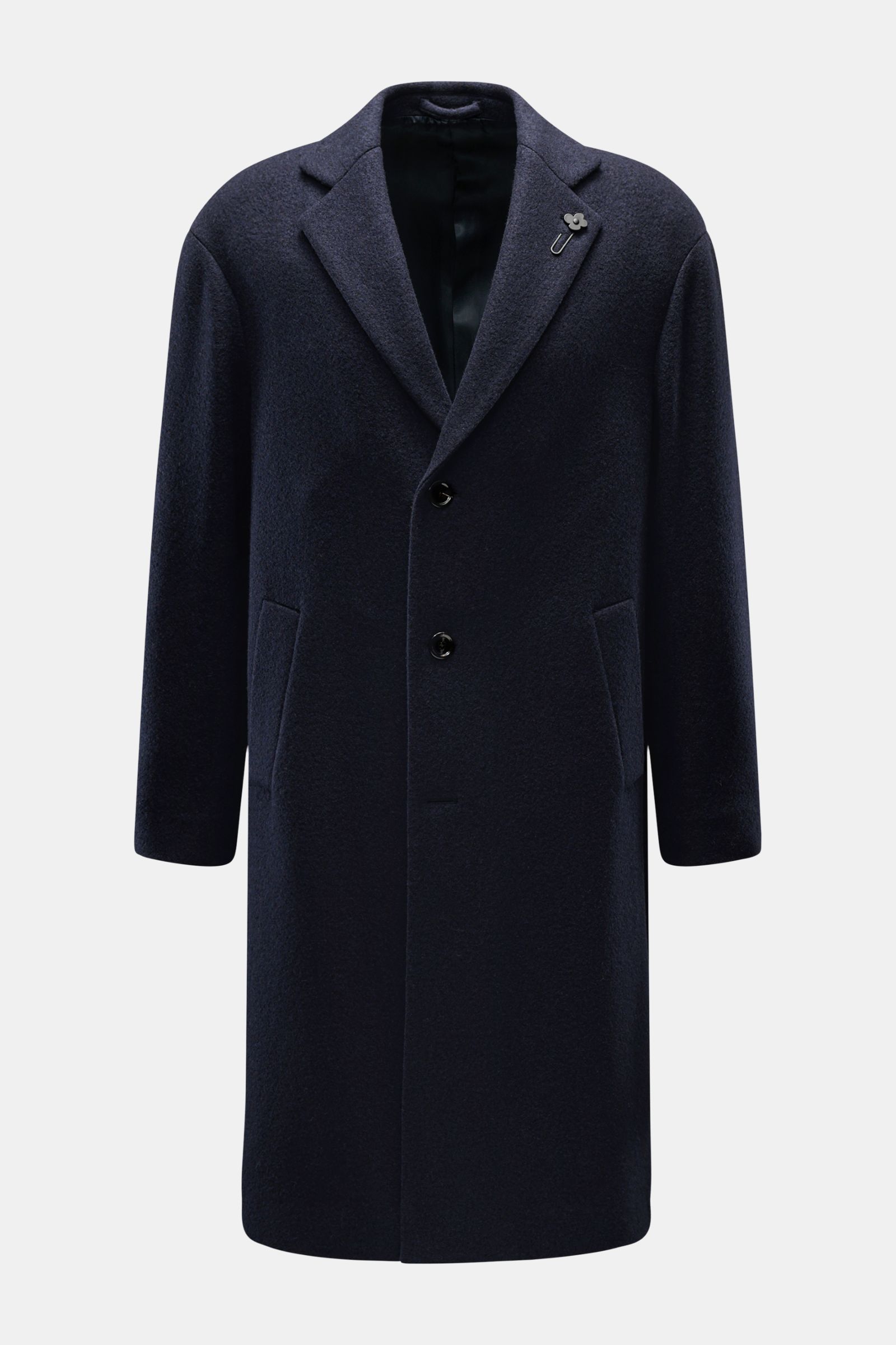 Front view of Lardini Mantel navy, a three-button wool coat with a notched lapel and signature flower pin, made from a soft blend of cashmere, silk, virgin wool, and nylon. Features regular fit, slanted welt pockets, back center vent, tonal lining, and tw