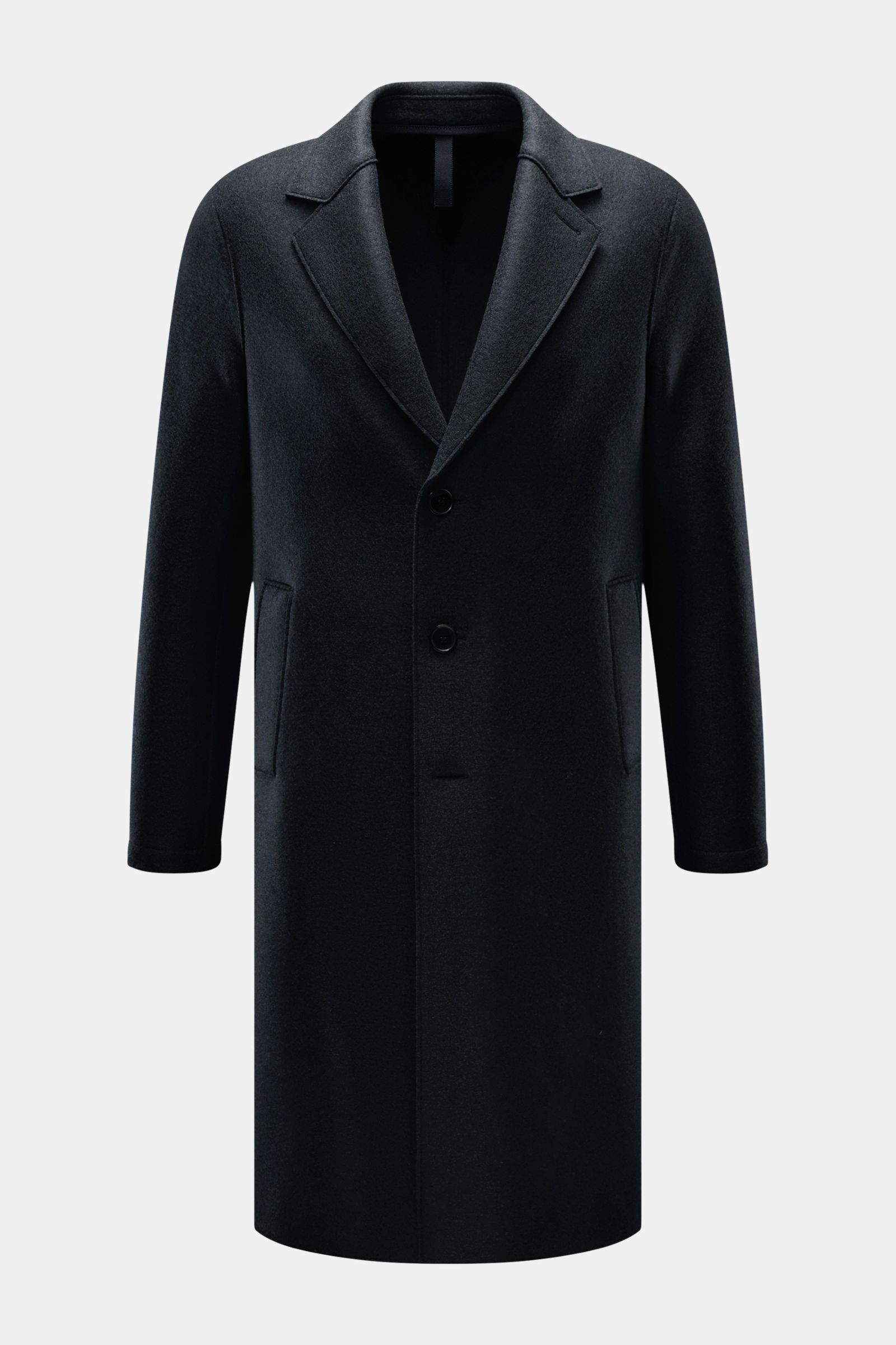 Front view of Harris Wharf London Wollmantel navy, a knee-length, unlined coat in heavy, pure felted virgin wool with a regular fit, three-button front, notch lapel, slanted welt pockets, center back vent, and two inner pockets, designed in Italy with a r
