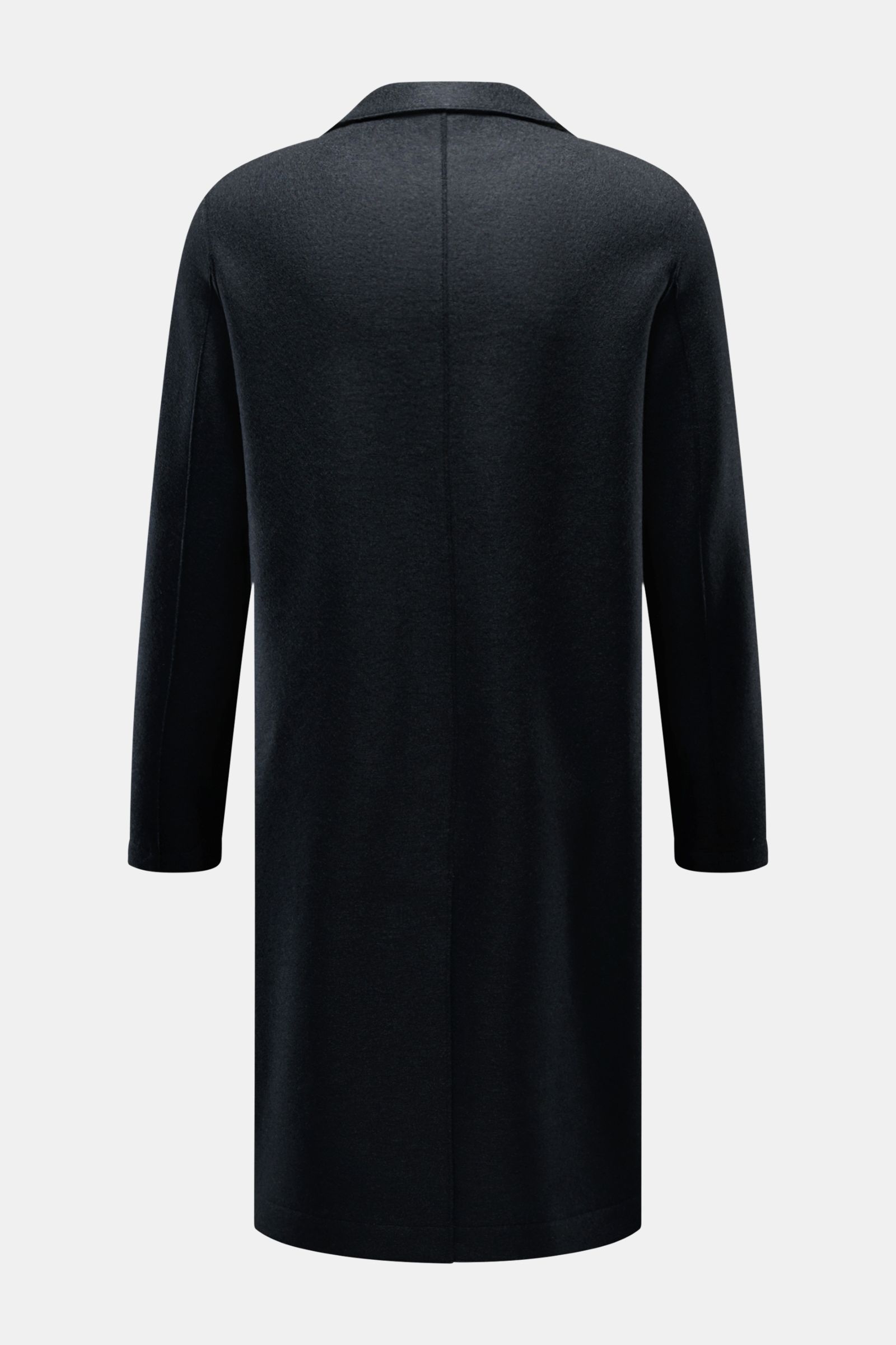 Back view of Harris Wharf London Wollmantel navy, an ungefüttert, knee-length wool coat with a straight silhouette, raw-edge finish, and center back vent.

Description: Zeitlos, pur und durchdacht: Dieser ungefütterte Mantel mit gerader Silhouette von 