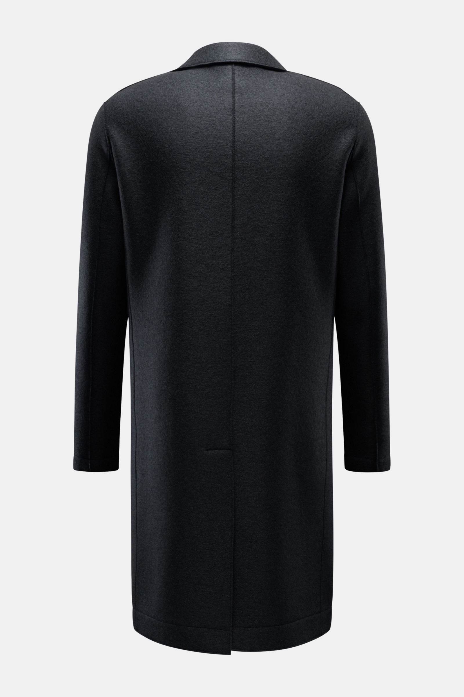 Back view of Harris Wharf London Wollmantel dunkelbraun, an unlined, knee-length heavy felted wool coat with a straight silhouette. Zeitlos, pur und durchdacht: Dieser ungefütterte Mantel mit gerader Silhouette von HARRIS WHARF LONDON aus schwerer, gef