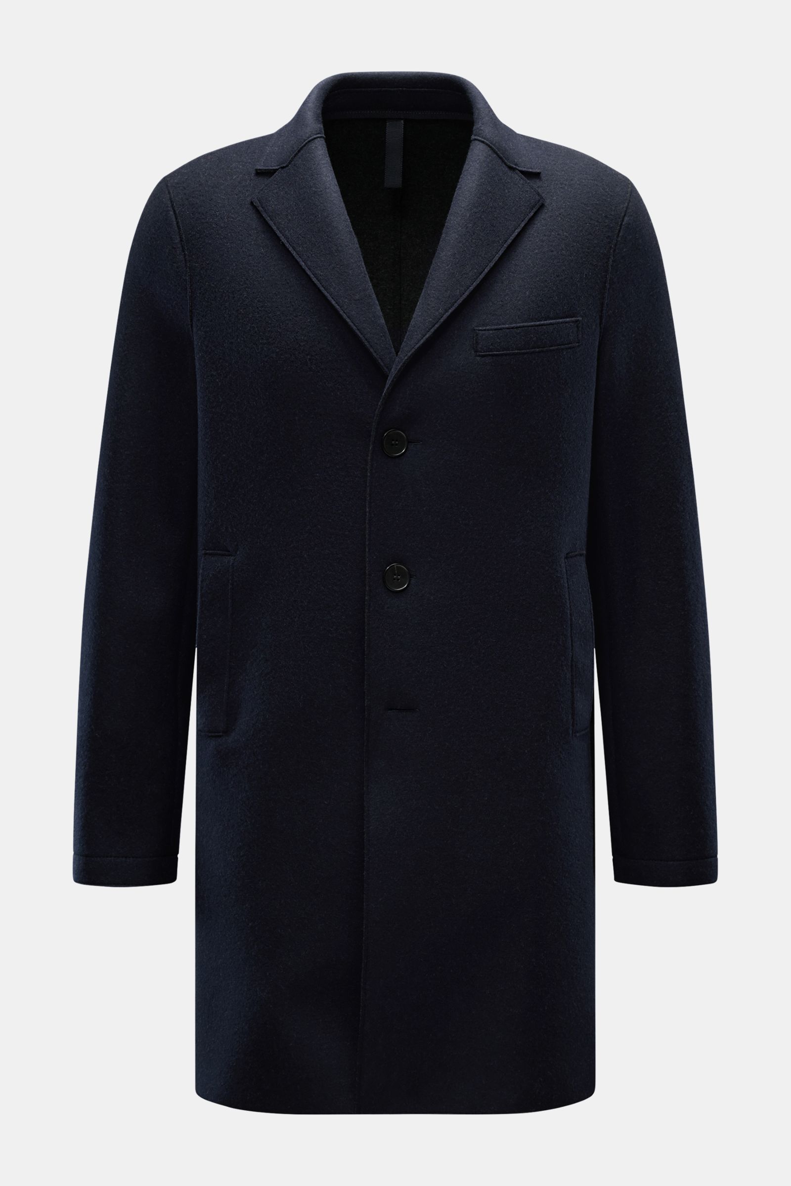 Harris Wharf London Wollmantel dark navy, frontale Ansicht, gerader Slim Fit aus schwerer Schurwolle mit Cashmere, Reverskragen, drei Knöpfe, Brust- und schräge Leistentaschen, ungefüttert.