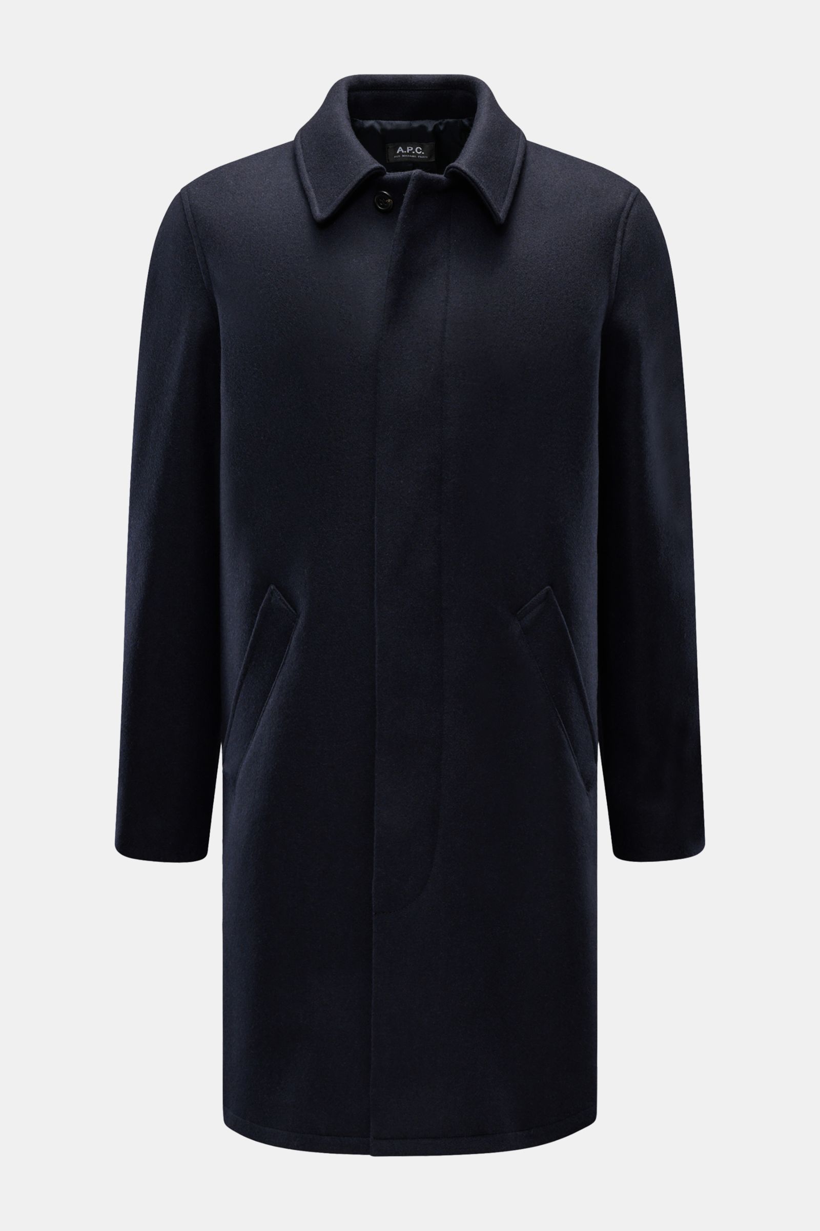 Front view of A.P.C. Mantel 'Mac Auster' navy, a stately coat with straight silhouette in felted wool and microfiber, hidden five-button placket, large slanted welt pockets, raglan sleeves, turn-down collar, tonal lining, back center vent, and one inside 