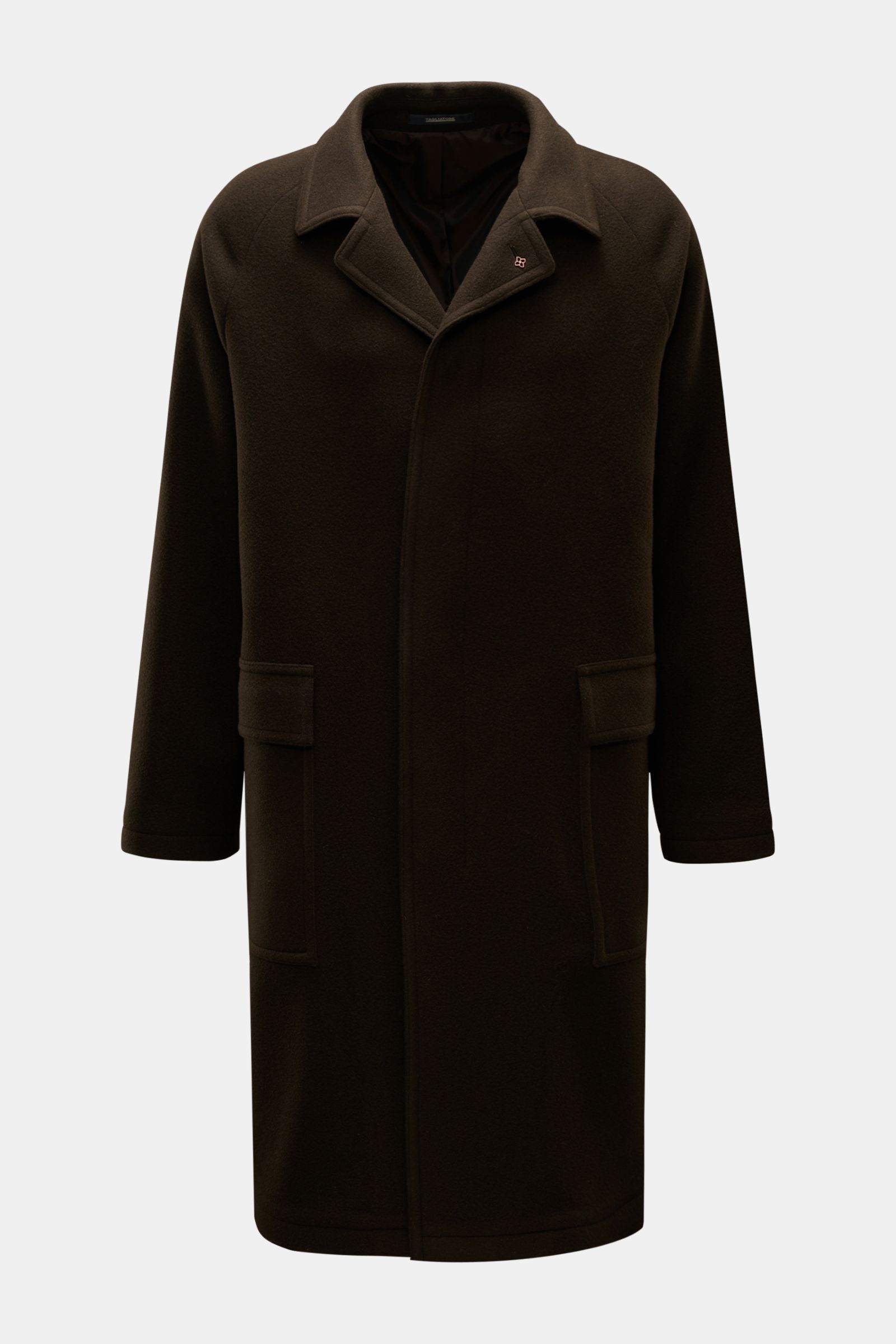 Front view of Tagliatore Coat 'Lloyd' dark brown in pure virgin wool with concealed button placket, turn-down collar, patch pockets, and centre back vent. Stylish classic: This elegant coat in pure virgin wool by TAGLIATORE can be styled in a range of tim