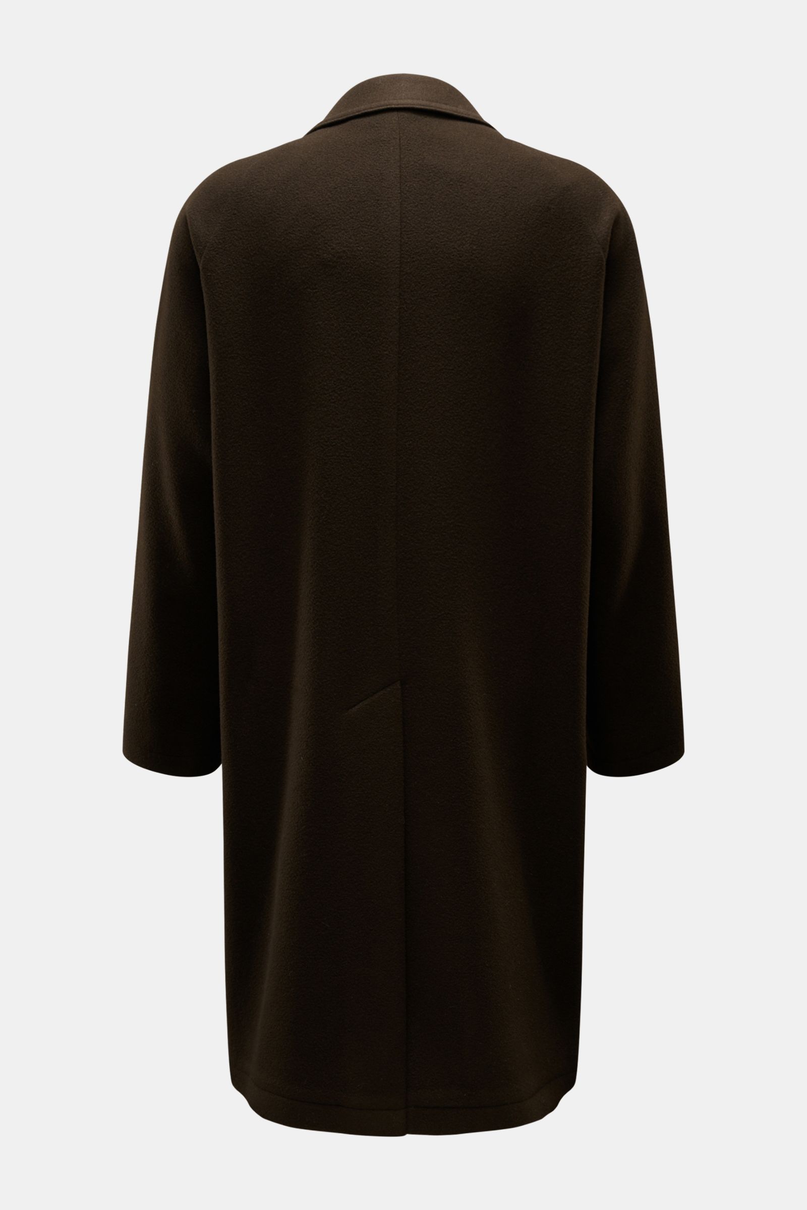 Tagliatore Coat 'Lloyd' dark brown shown from the back, made of pure virgin wool with a centre back vent and slightly textured feel. Stylish classic with regular fit, concealed button placket, turn-down collar with pin, patch front pockets, half lined, an