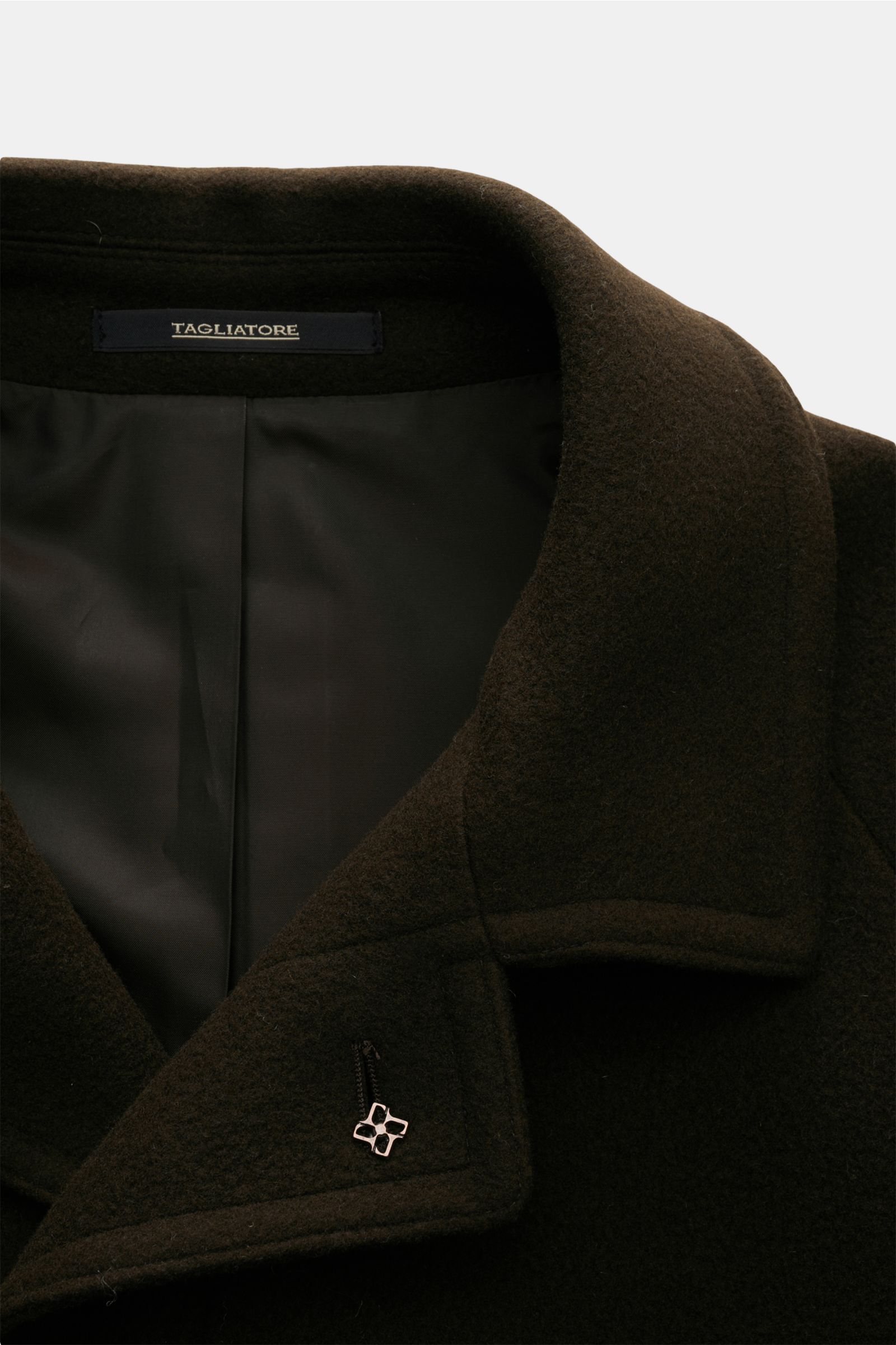 Close-up front view of Tagliatore Coat 'Lloyd' dark brown in pure virgin wool, slightly textured with turn-down collar and pin, showing inner lining and label. Stylish classic: This elegant coat in pure virgin wool by TAGLIATORE can be styled in a range o