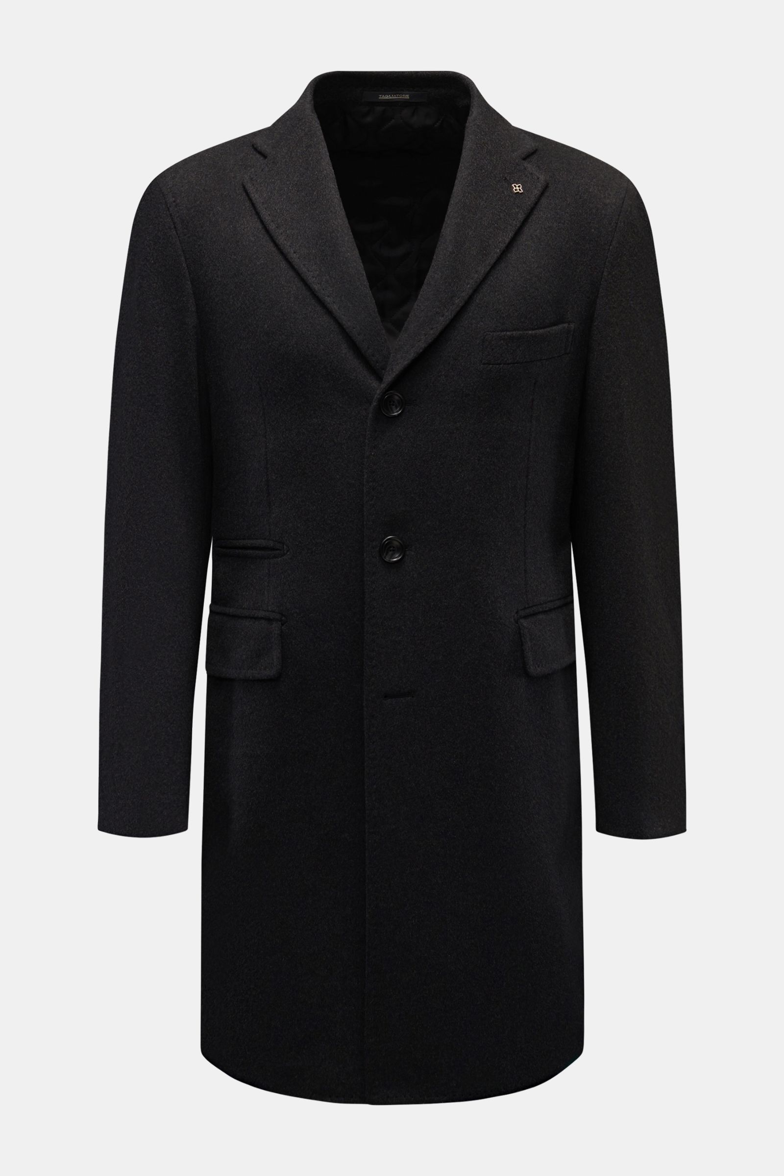 Front view of Tagliatore Cashmere Mantel anthrazit, a slim fit, unconstructed coat made of pure, very soft cashmere. Features include a three-button closure, classic chest pocket, notch lapel with pin, piped ticket pocket, flap front pockets, unfinished s