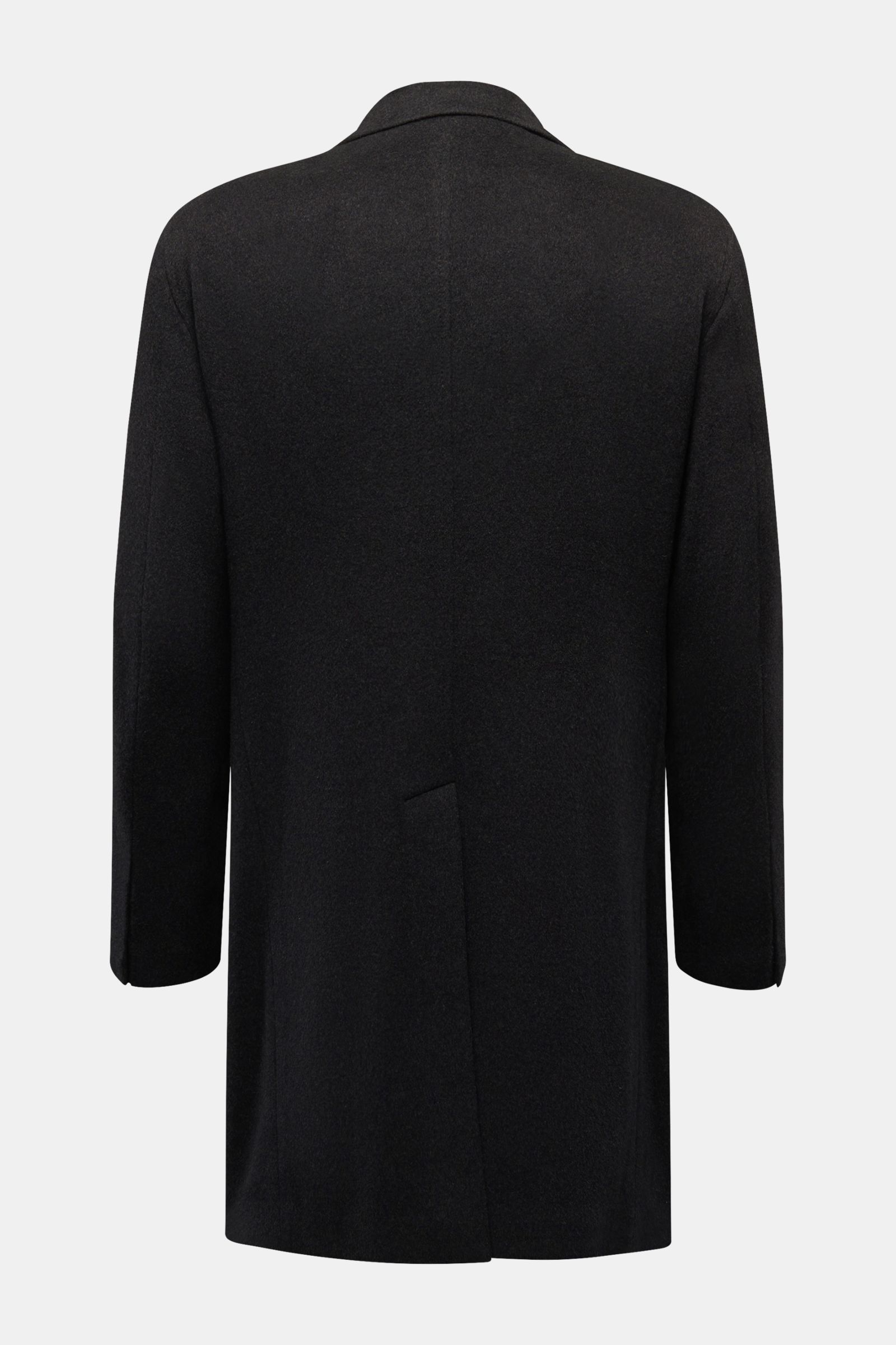 Rear view of the Tagliatore Cashmere Mantel anthrazit, a slim fit, unconstructed pure cashmere coat with soft touch, half-lined, featuring a back center vent and unfinished sleeve cuffs.