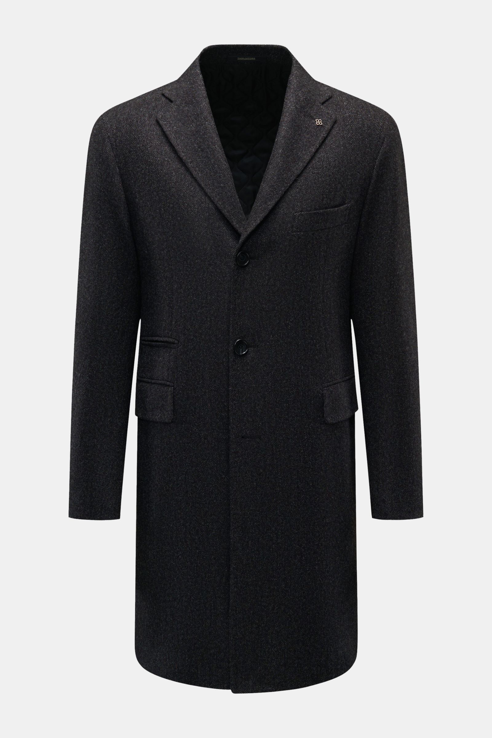 Tagliatore Mantel schwarz/grau gemustert, halb gefüttert, Fischgrat-Muster, Slim Fit, Dreiknopf-Leiste, Reverskragen, Front- und Innentaschen, von vorne fotografiert.
