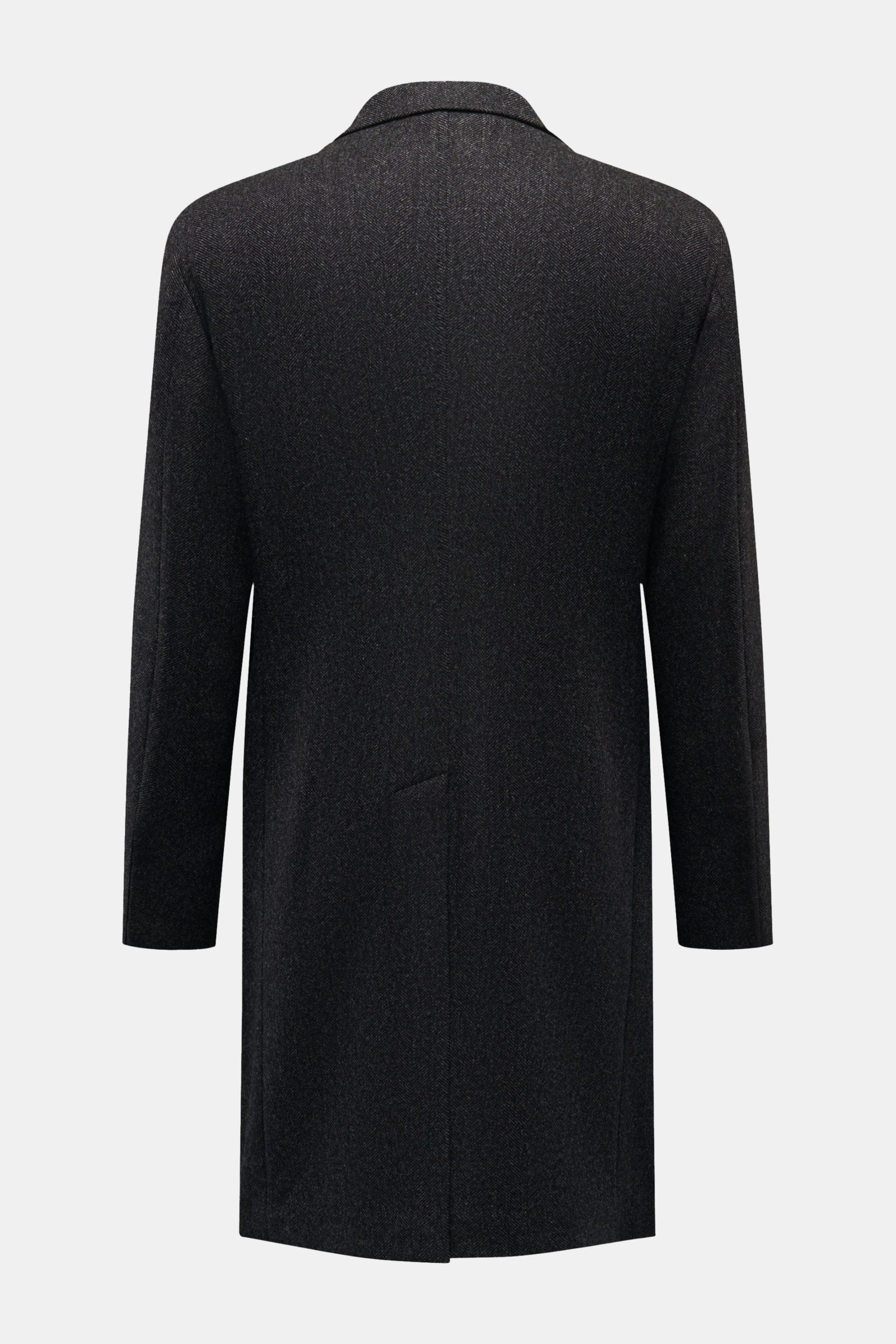 Tagliatore Mantel schwarz/grau gemustert, halb gefüttert, Fischgrat-Muster, Slim Fit, Rückansicht mit Rückenmittelschlitz aus Schurwolle und Cashmere.