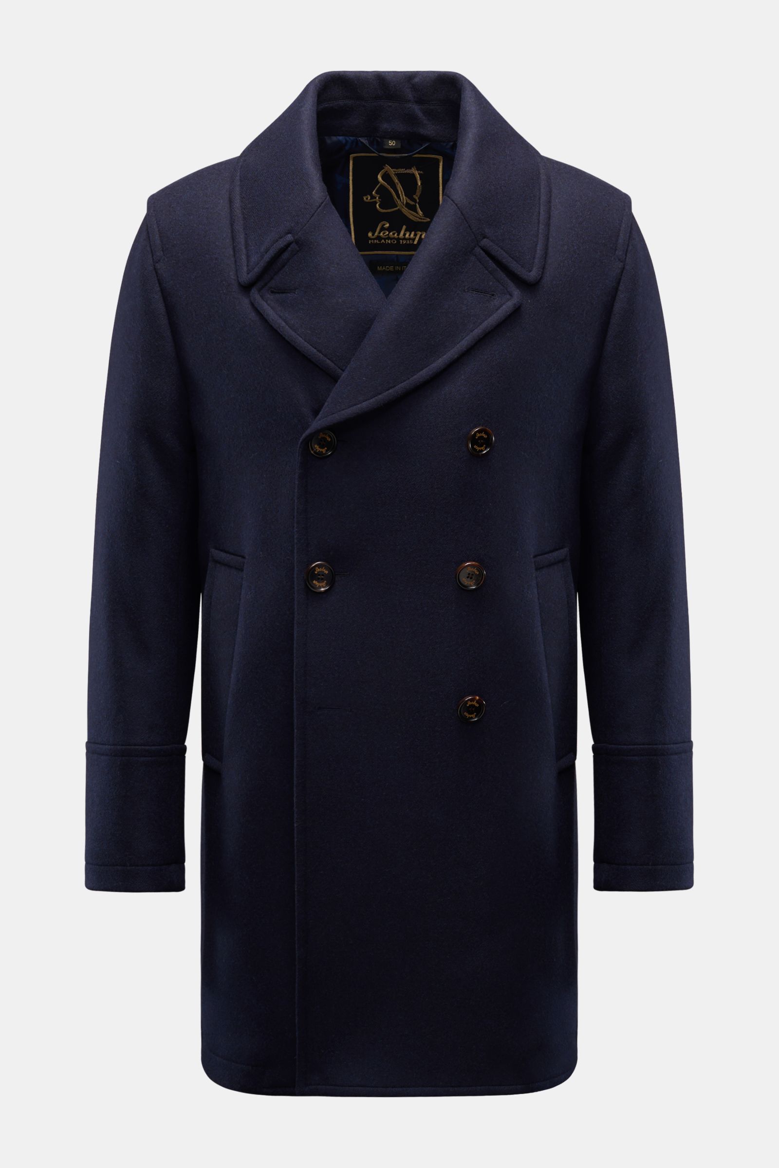 Front view of Sealup Caban-Kurzmantel dark navy, a slim fit short wool coat with soft feel, light padding, wide lapels, double-breasted three-button closure, slanted welt pockets, back center vent, smooth lining, and two inner pockets, perfect for the dar