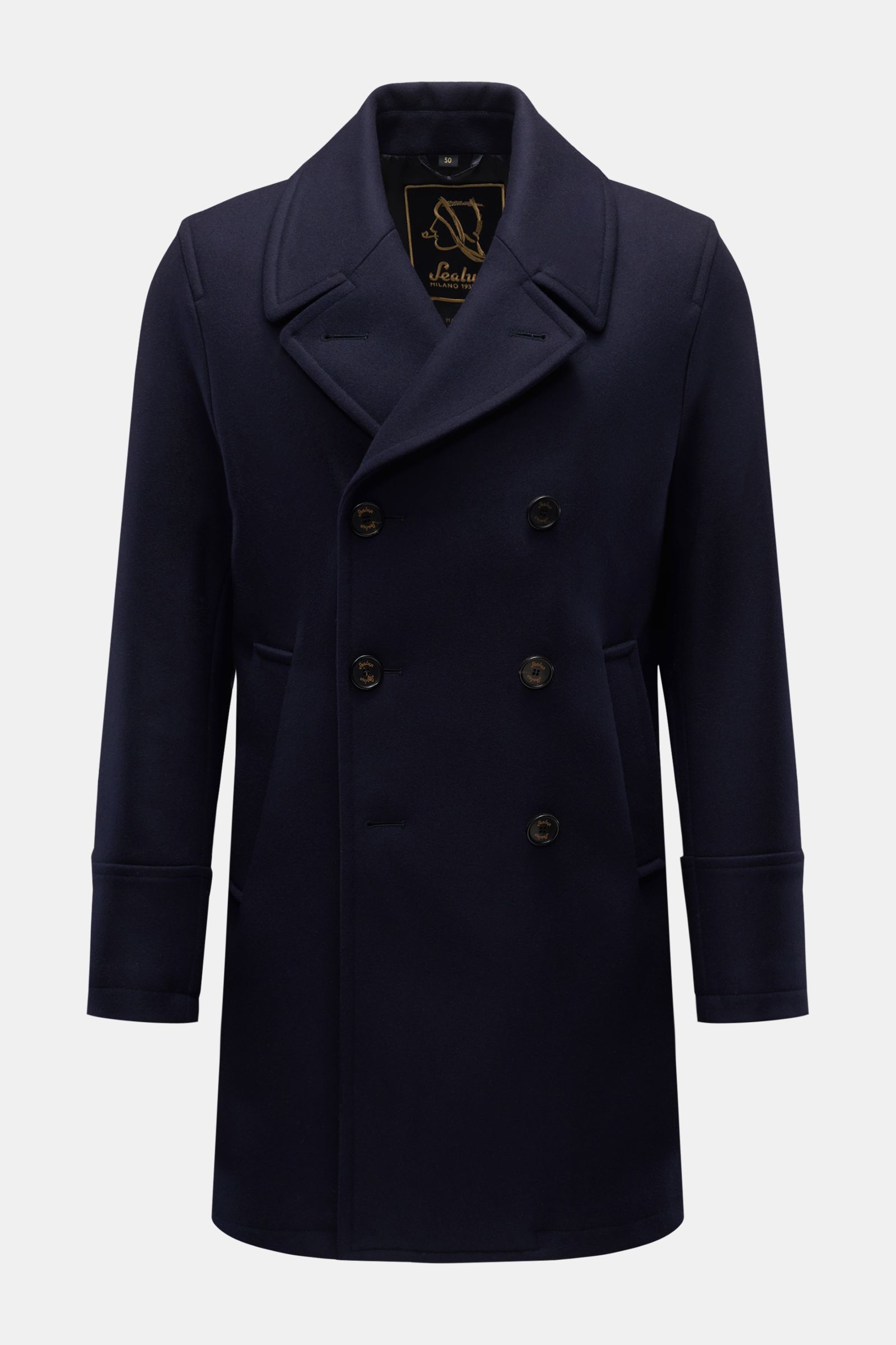 Sealup Caban-Kurzmantel 'Genova Peacoat' dark navy, frontale Ansicht, Woll-Cashmere-Mix, Slim Fit, leichte Wattierung, breite Revers, drei Knöpfe.