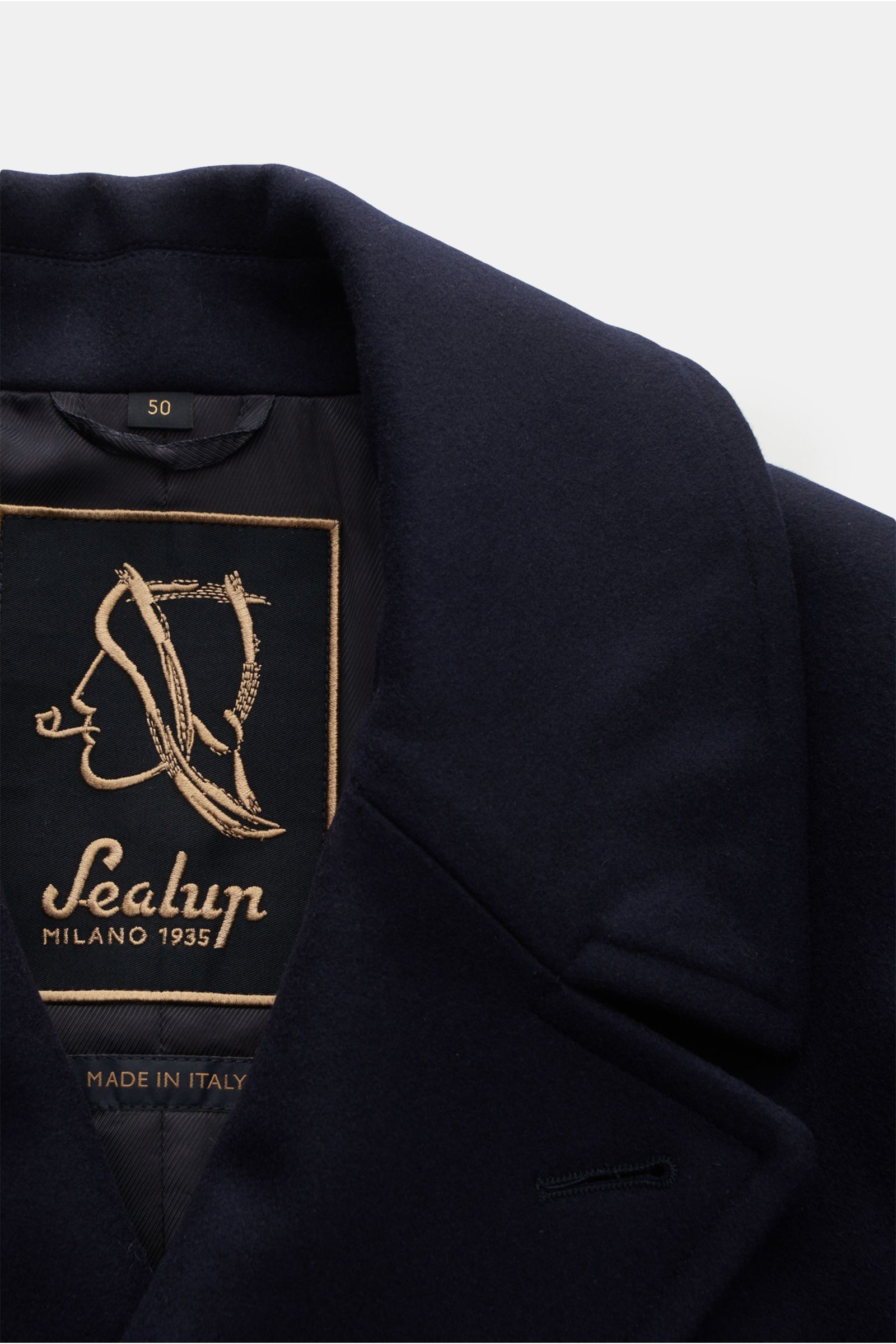 Sealup Caban-Kurzmantel 'Genova Peacoat' dark navy aus Wolle und Cashmere, weicher Griff, leichte Wattierung, Slim Fit, Nahaufnahme Kragen innen von oben.