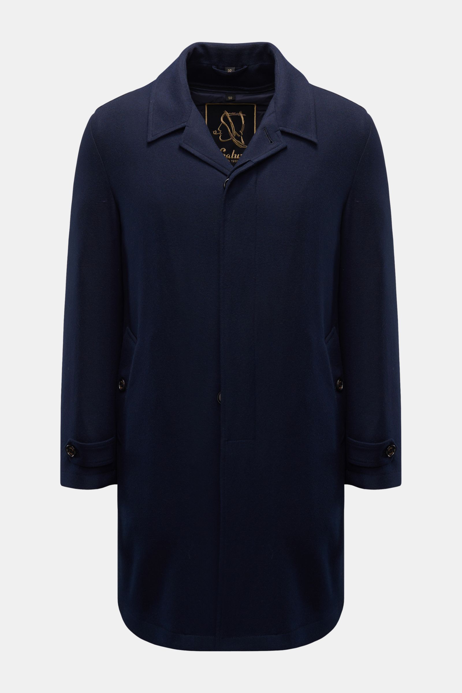 Sealup Cashmere Daunenmantel navy, frontale Nahaufnahme, Slim Fit, reiner Cashmere, weicher Griff, fünf-Knopf-Leiste, variabler Kragen, schräge Leistentaschen, Ärmel mit Knopfriegel, herausnehmbares Daunenfutter, zwei Innentaschen.