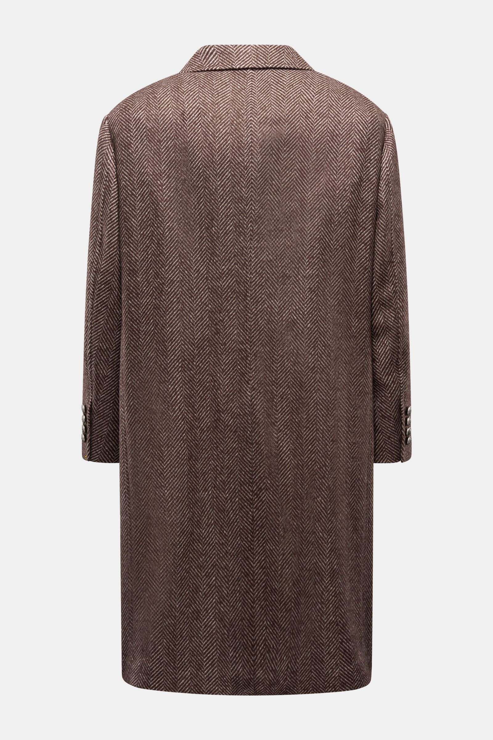 Brunello Cucinelli Mantel dunkelbraun/offwhite gestreift von hinten, Cashmere-Seide, Fischgratmuster, Regular Fit, Wappen-Knöpfe, Reverskragen, halb gefüttert.