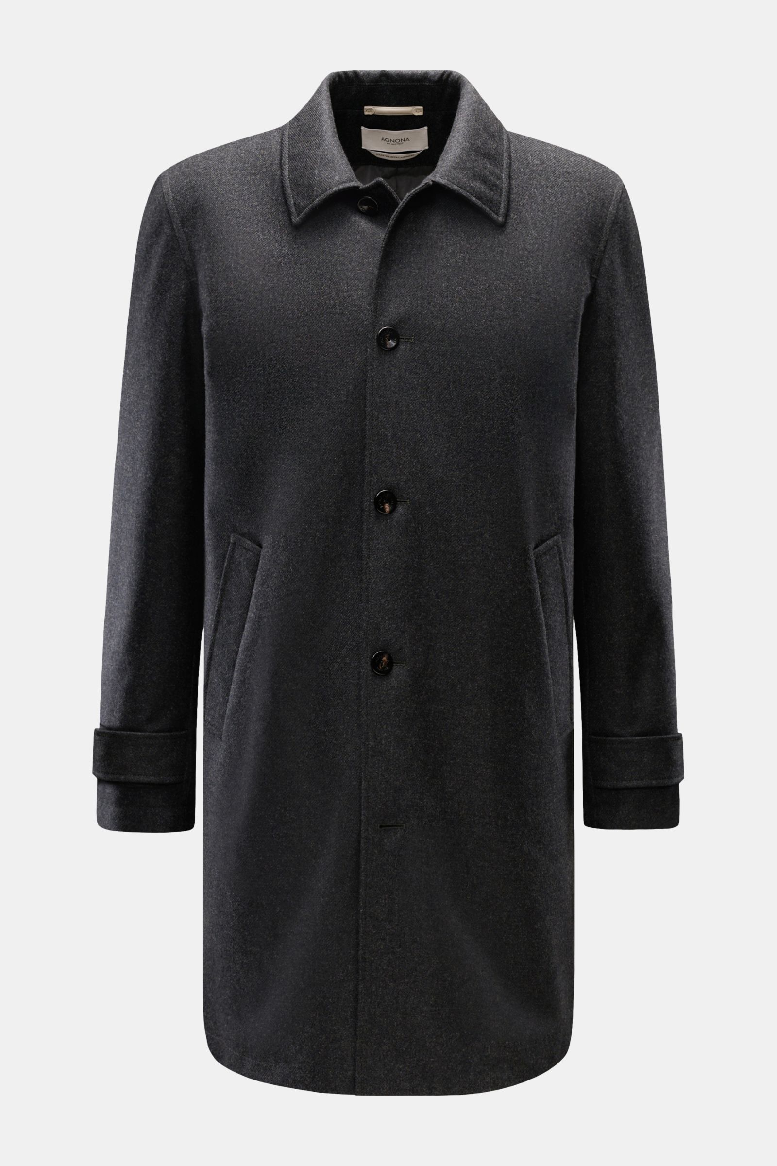 Front view of Agnona Cashmere Mantel anthrazit, a dark gray wool coat with classic collar, button closure, and side pockets.