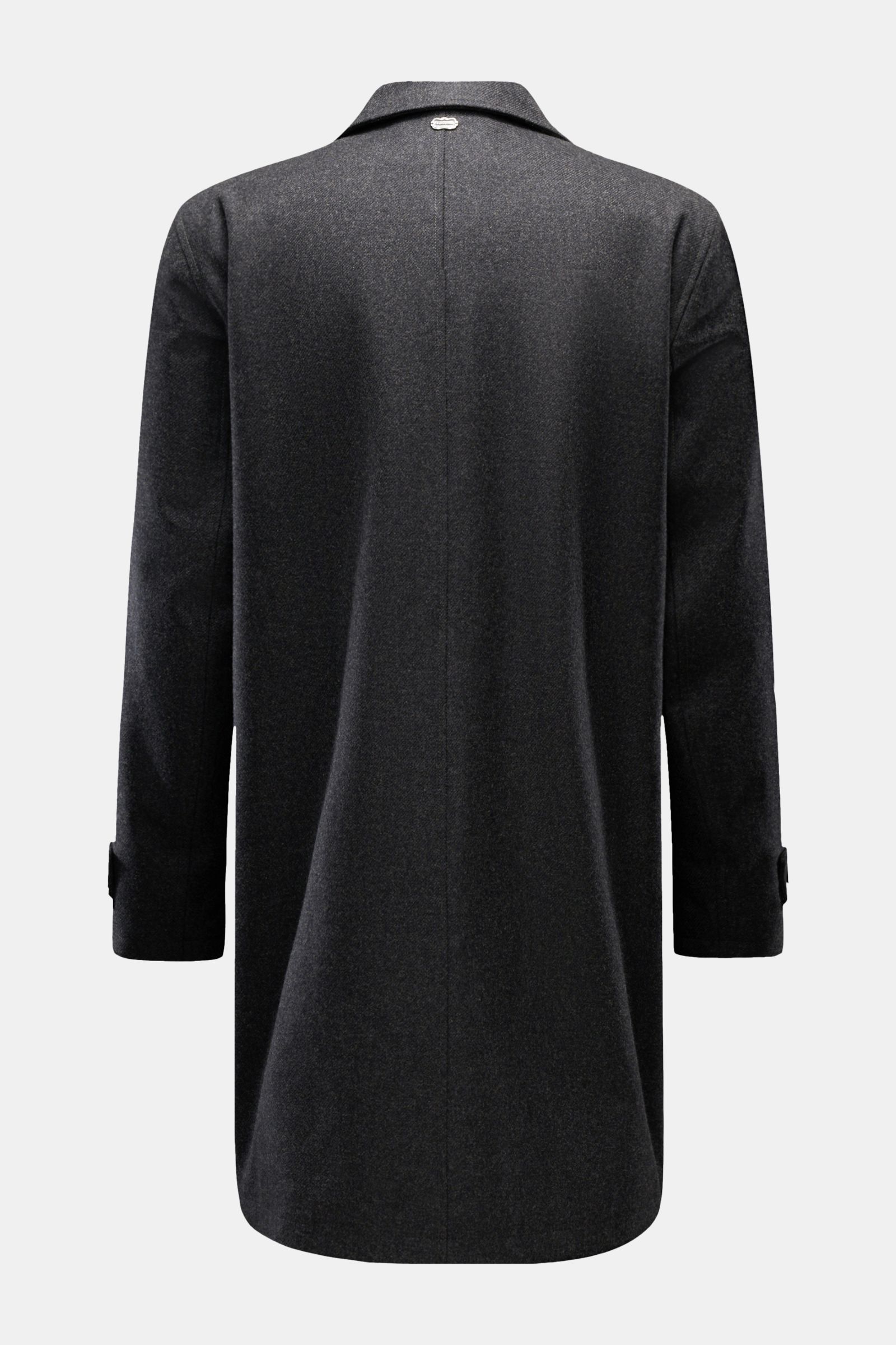 Back view of Agnona Cashmere Mantel anthrazit, a dark gray cashmere coat with long sleeves and a classic collar, shown against a plain background.