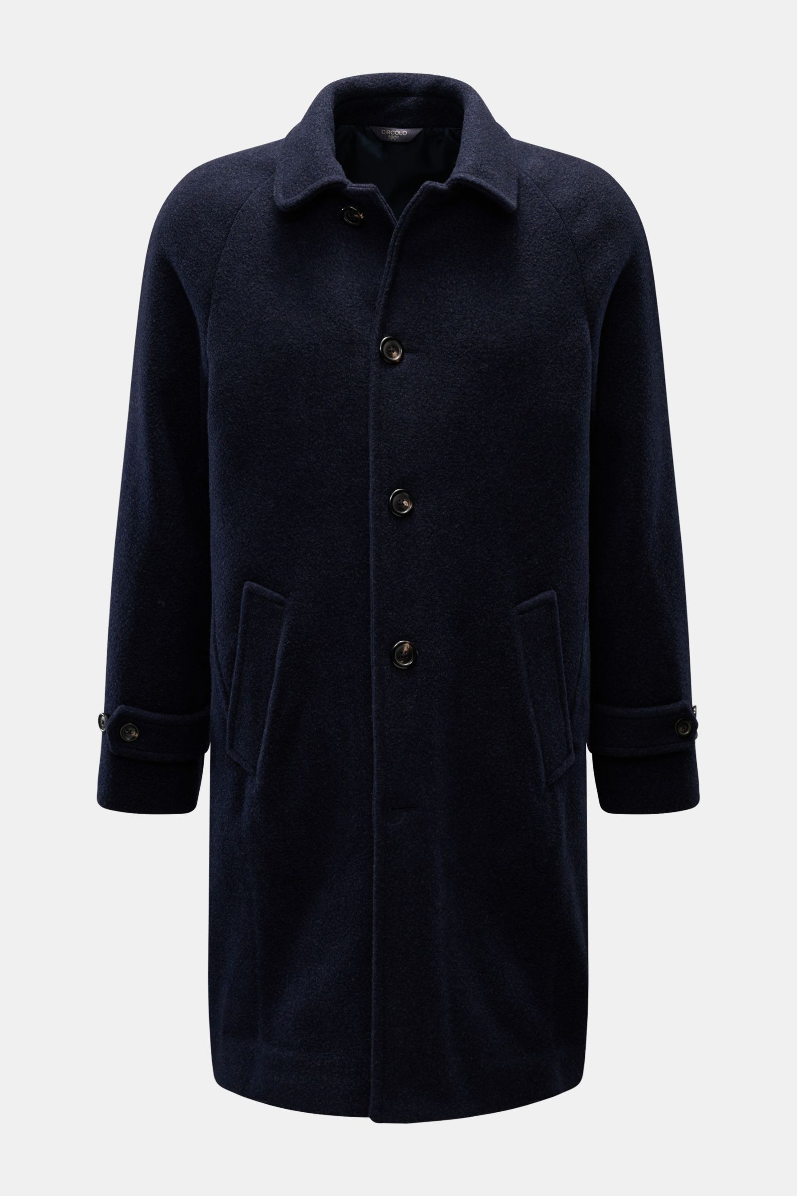 Vorderansicht des Circolo 1901 Mantels navy aus Schurwolle und Cashmere, Regular Fit, mit Umlegekragen, fünf Knöpfen und schrägen Leistentaschen.