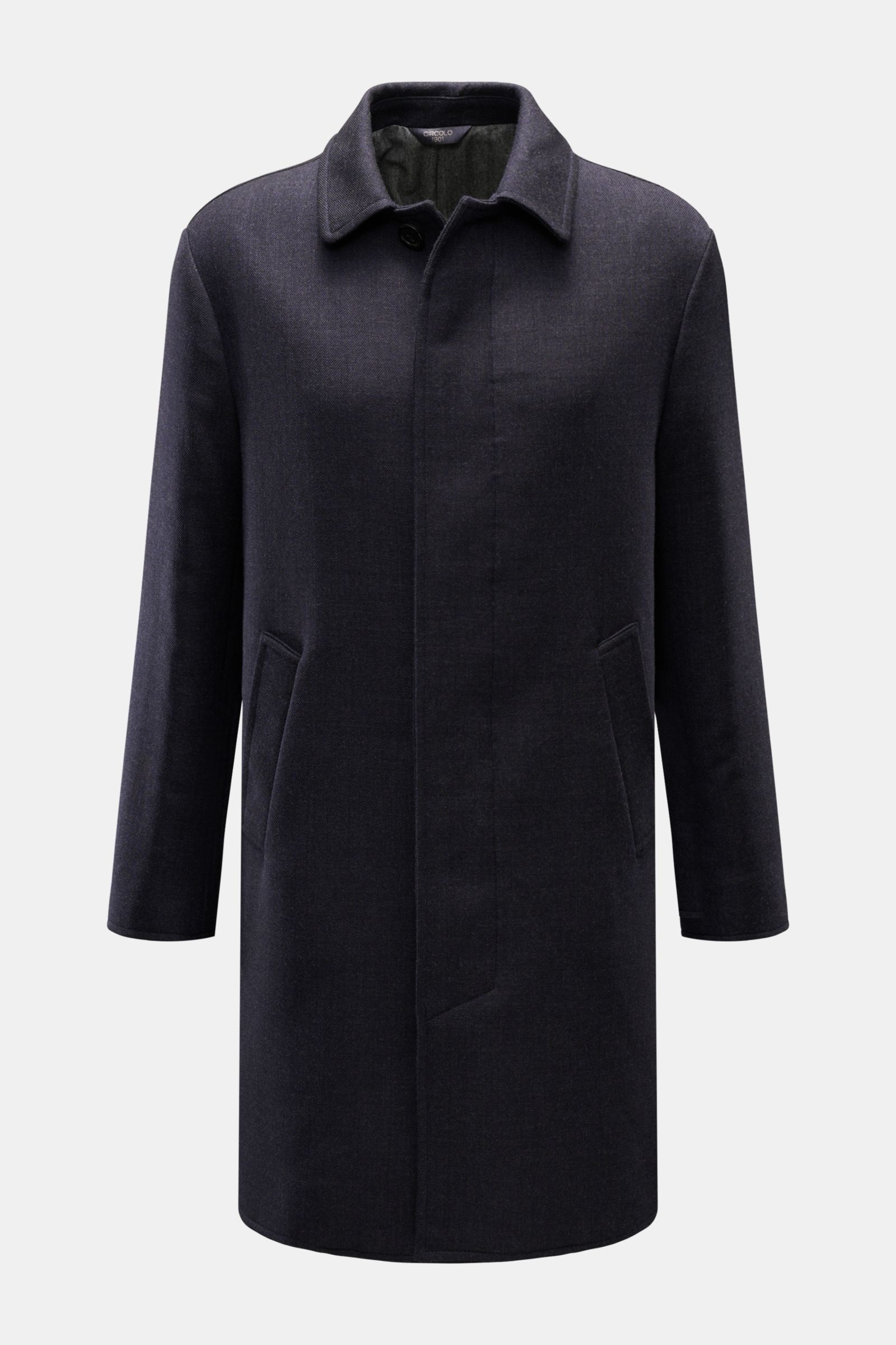 Circolo 1901 Wollmantel graublau aus reiner Schurwolle, Slim Fit, verdeckte Knopfleiste, Umlegekragen, Fronttaschen, Frontalansicht.