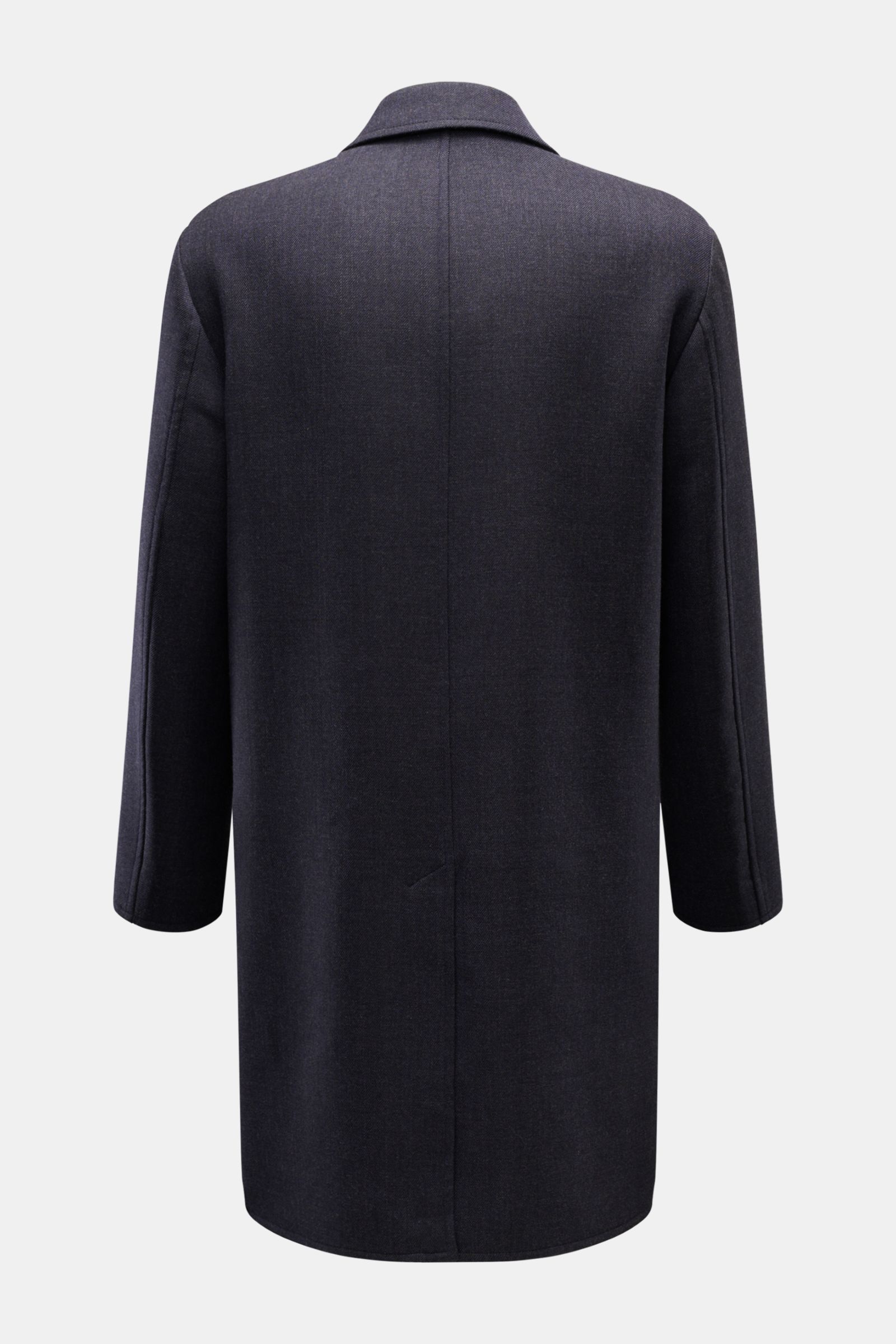 Circolo 1901 Wollmantel graublau, Rückansicht, Slim Fit mit Umlegekragen, verdeckter Knopfleiste, Rückenmittelschlitz, reine Schurwolle.