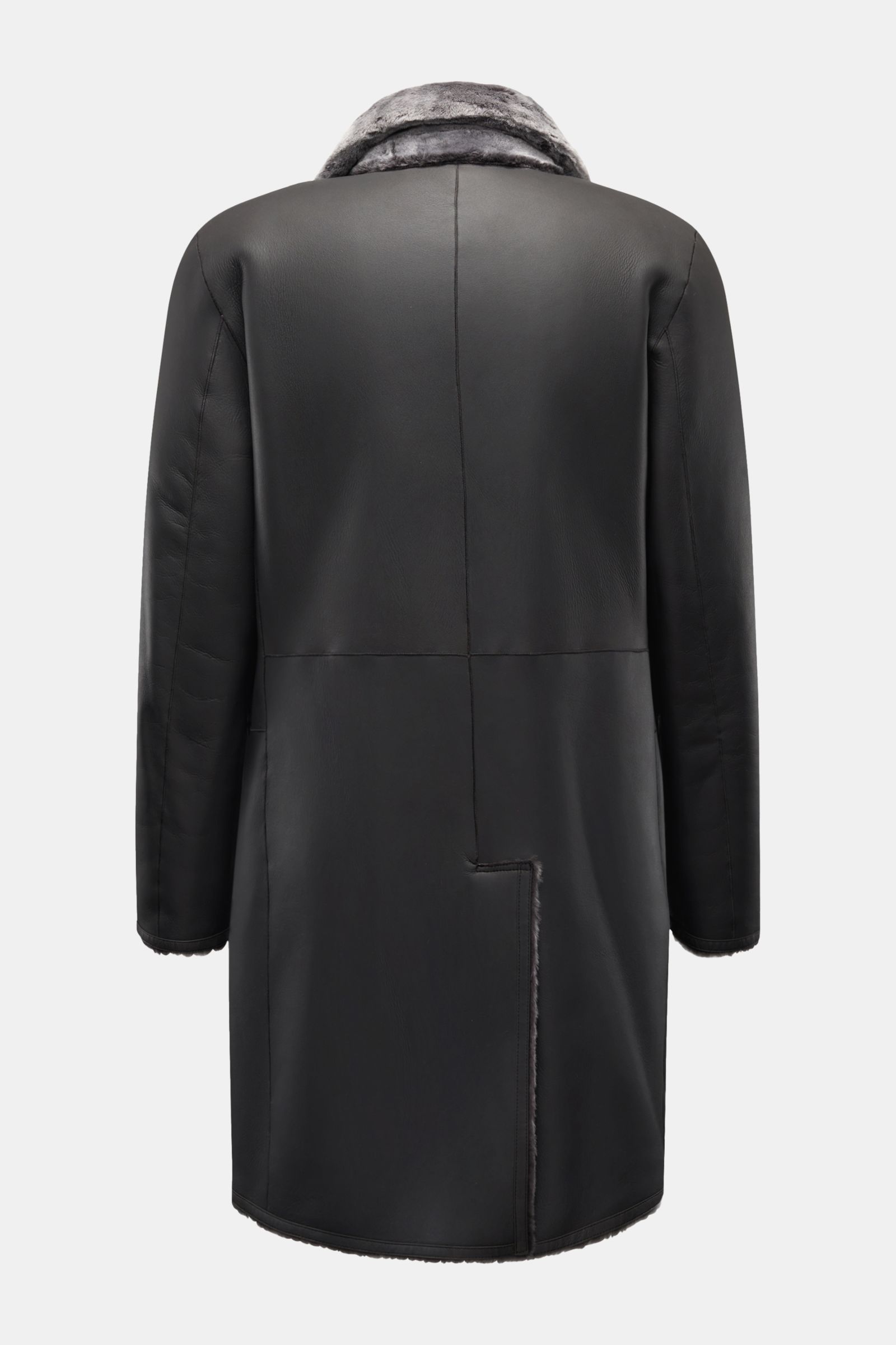 Manzoni 24 Lammfellmantel anthrazit, Rückansicht, Slim Fit aus weichem Lammleder mit Reverskragen, drei Knöpfen, Hüfttaschen, Rückenmittelschlitz.