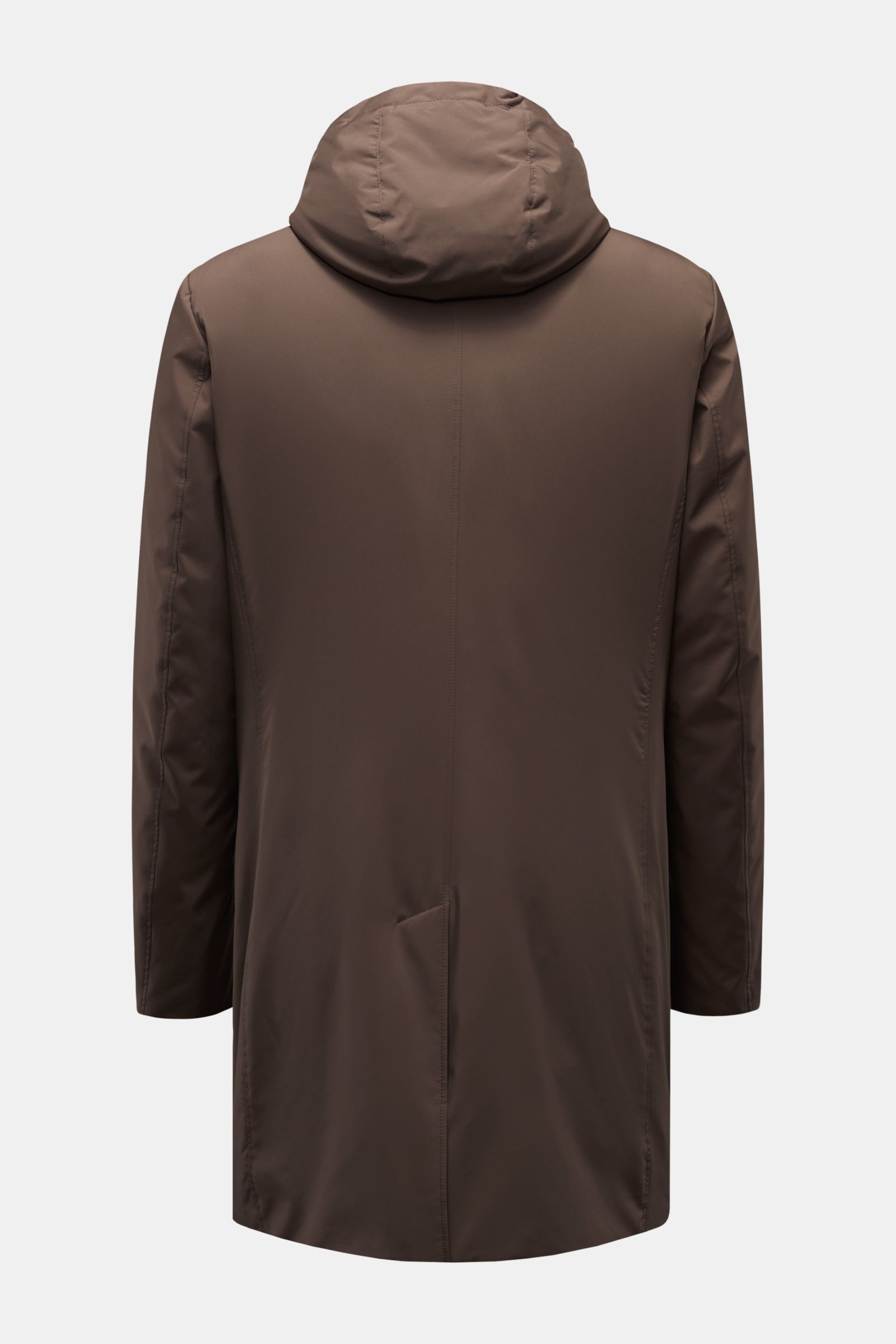 Rear view of the Moorer Daunen-Kurzmantel 'Redon' graubraun, a slim fit, wind- and water-repellent short down coat with a detachable hood and three-button front.