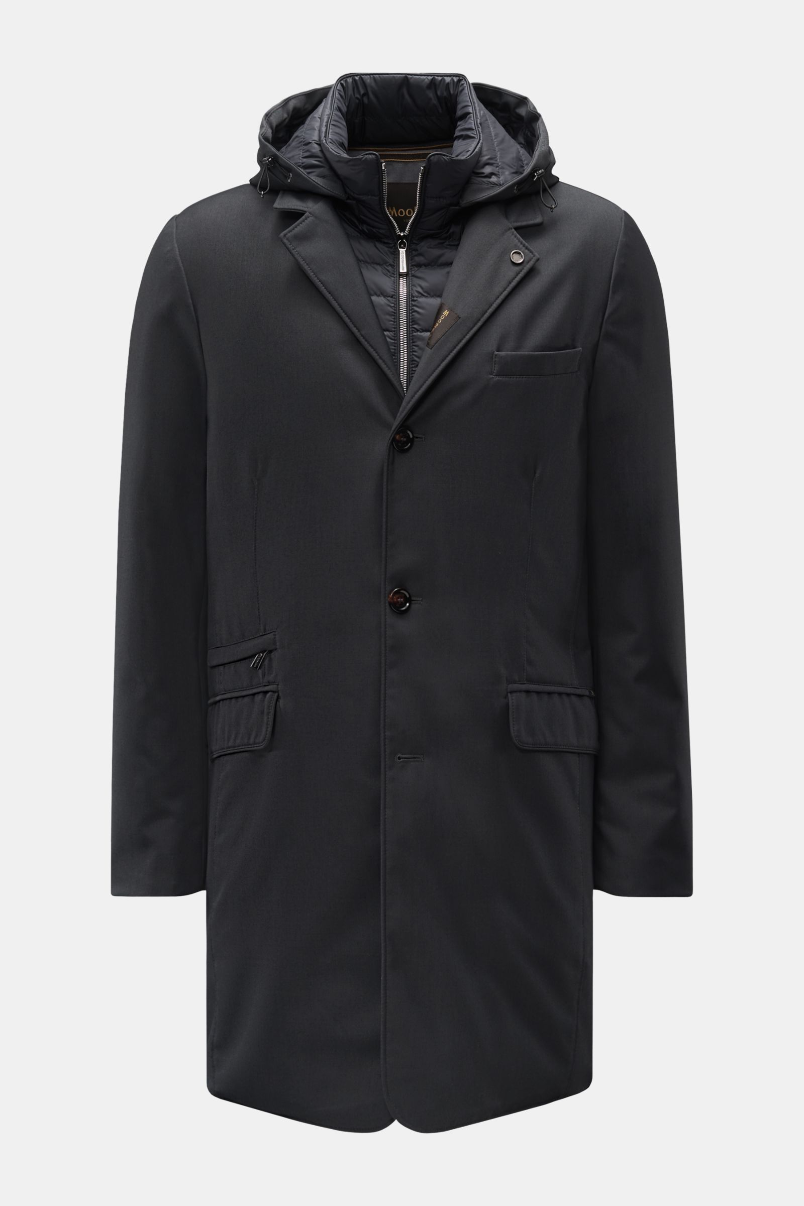 Front view of Moorer Down short coat 'Redon' dark grey with detachable hood, three-button placket, slim fit, and water repellent microfiber.

Description: The water repellent short coat 'Redon' with lightweight down lining by MOORER offers flexible com