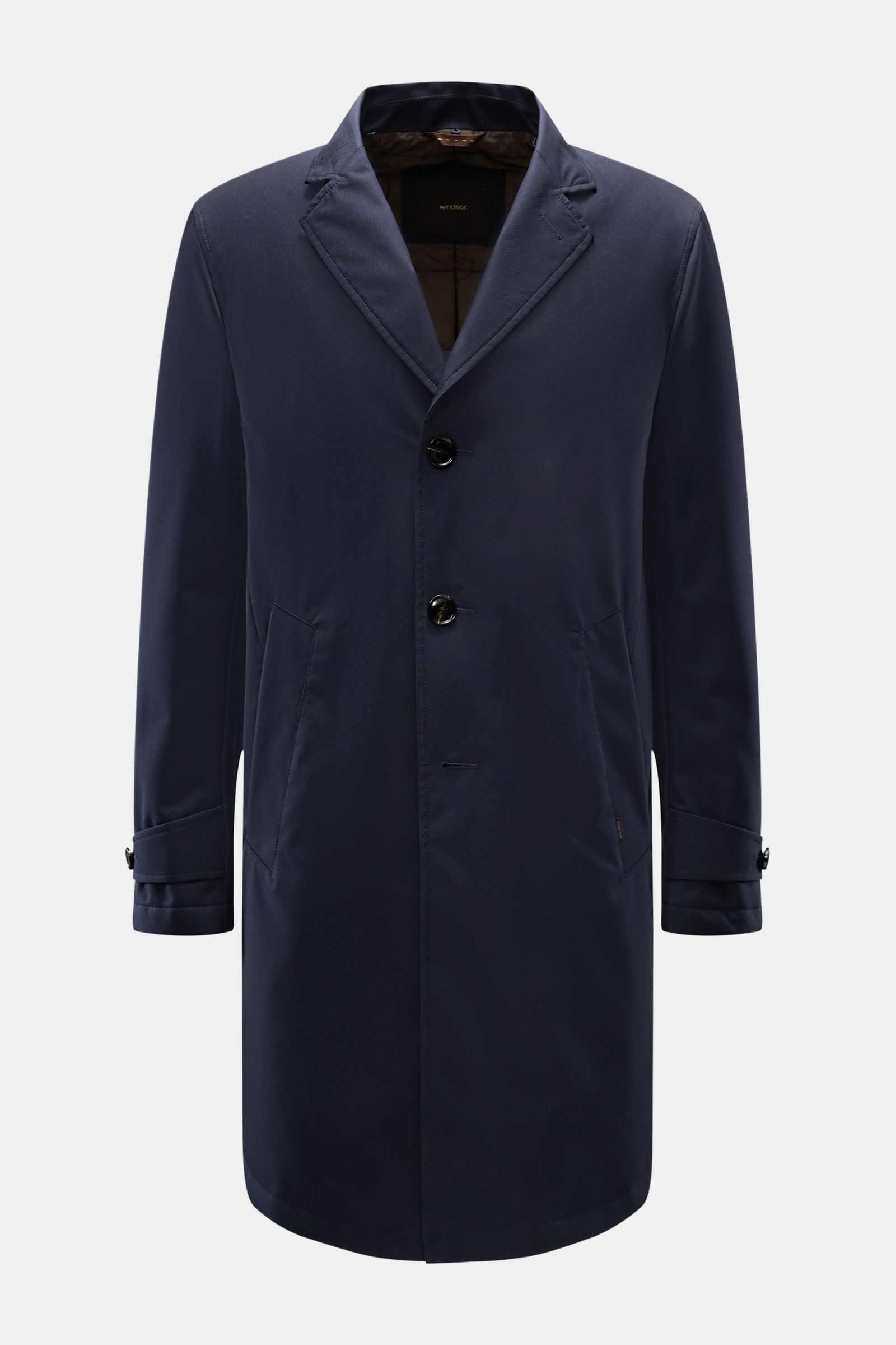 Front view of Windsor Parka 'Sarno' navy in slim fit with smooth microfiber, three-button closure, notch collar, fleece-lined slanted pockets, detachable double-front and hood with drawstring, buttoned sleeve cuffs, quilted lining, two inner pockets, and 