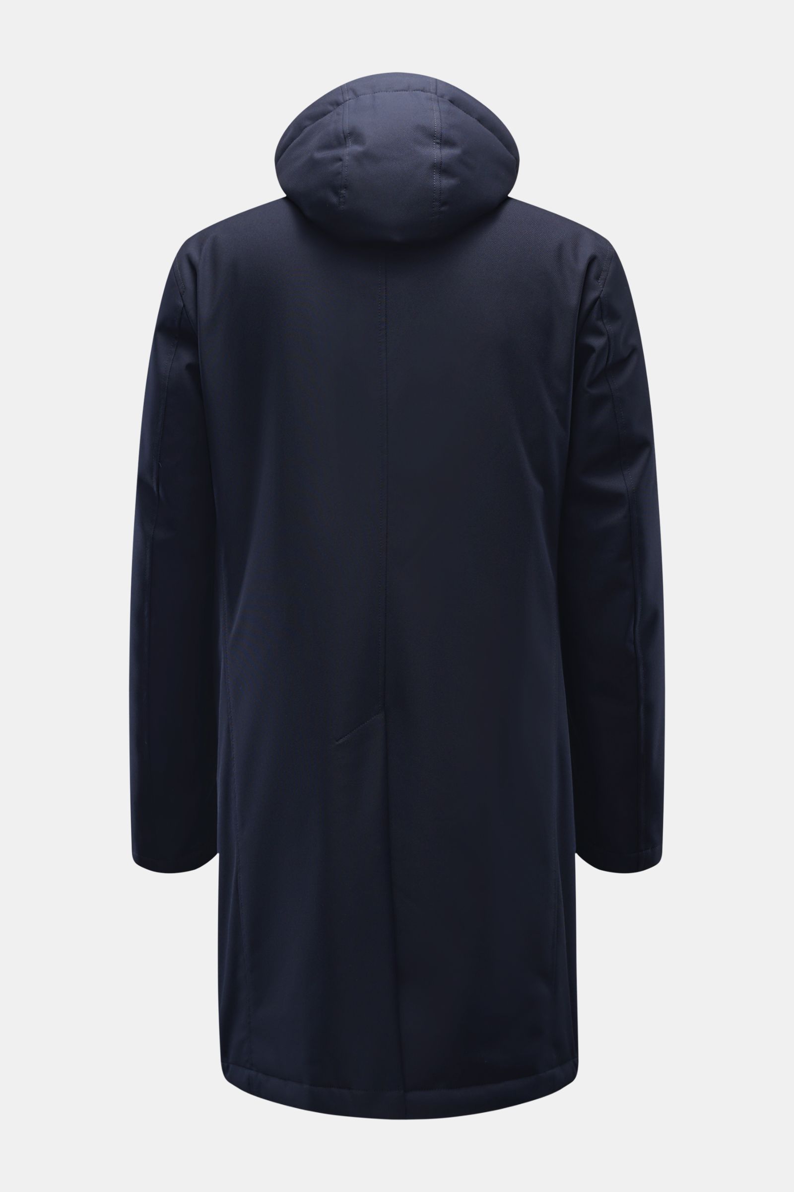 Back view of the Windsor Parka 'Sarno' navy, showcasing the detachable hood with drawstring, slim fit, and smooth microfiber fabric. Flexibel bleiben – mit Stil: Der Parka 'Sarno' von WINDSOR passt sich Ihren Ansprüchen im Handumdrehen an. Sowohl die K