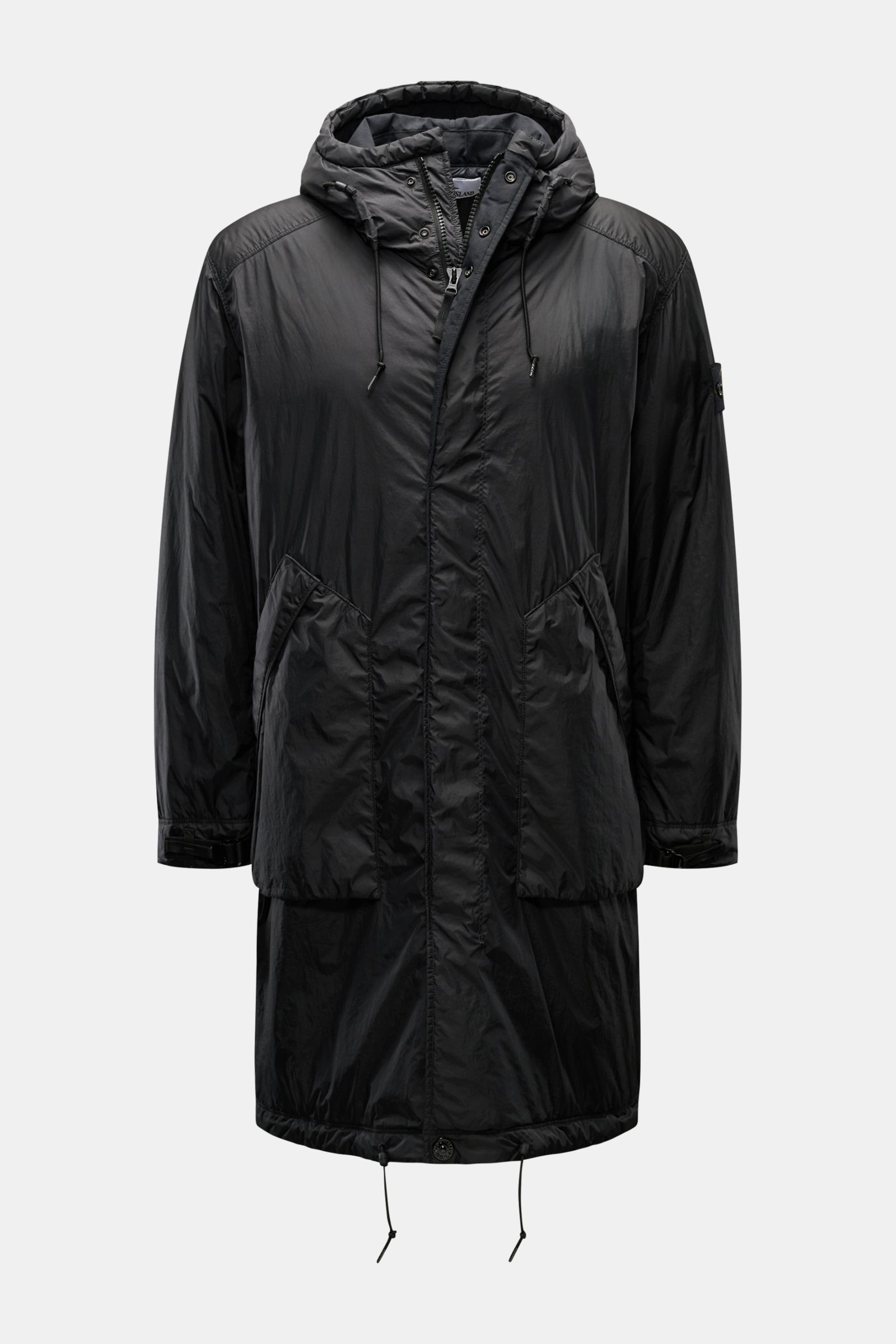 Stone Island Parka 'Garment Dyed Crincle Reps R-NY' schwarz, frontale Ansicht, wasserabweisend, Primaloft-Wattierung, Kapuze, Kompass-Badge, Regular Fit.