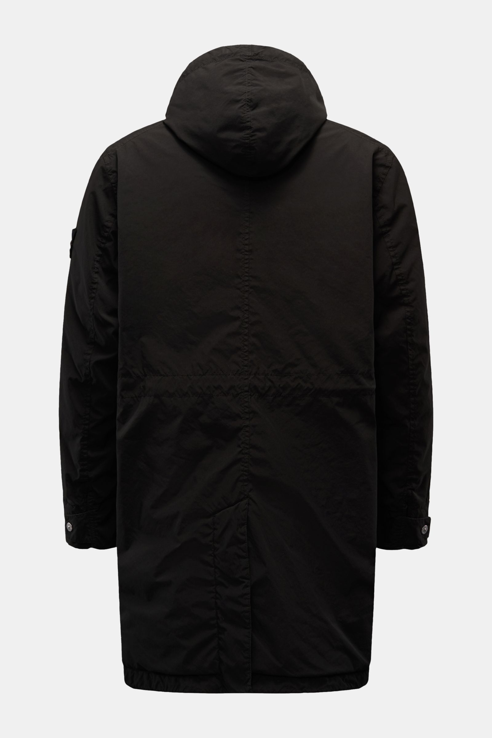 Stone Island Parka 'Light Compact Touch Poly-TC' schwarz, Rückansicht, elastisch, wind- und wasserabweisend, Kapuze, Kompass-Badge, Slim Fit, leichte Wattierung.
