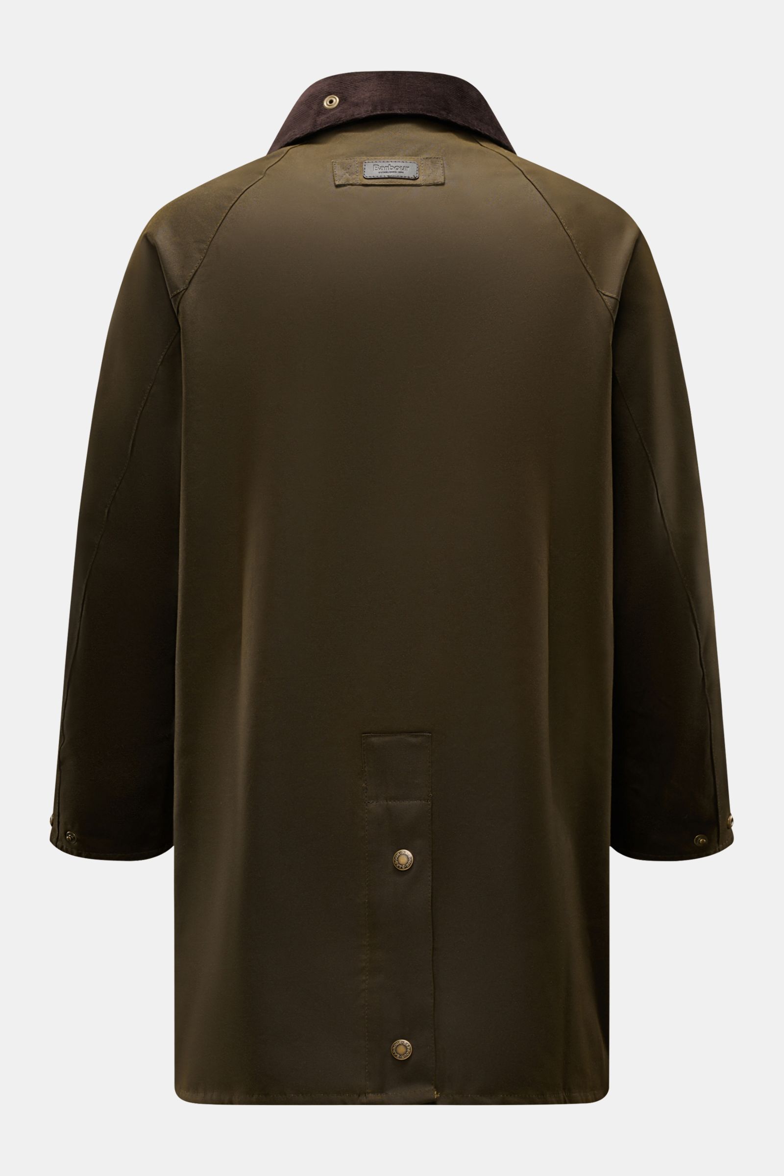 Barbour Wachsparka 'Country' dark olive, Rückansicht, gewachste Baumwolle, wasserabweisend, Cordkragen, Raglanärmel, Druckknöpfe, Rückenmittelschlitz, Regular Fit