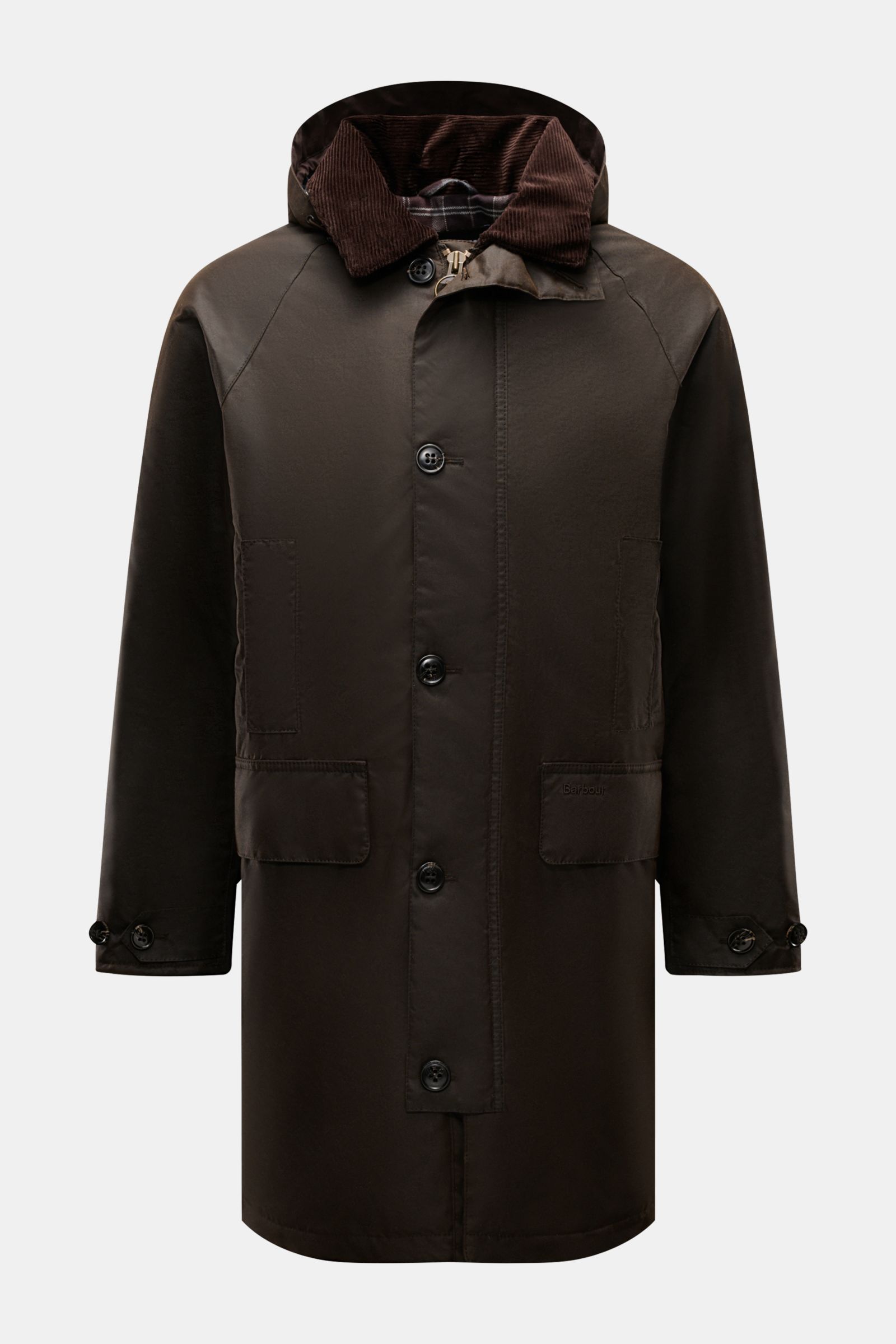 Barbour Wachsparka 'Beaudale' khaki, frontal aus gewachster Baumwolle, wasserabweisend, mit abnehmbarer Kapuze, Stehkragen, Knopfleiste, aufgesetzten Taschen, Regular Fit.