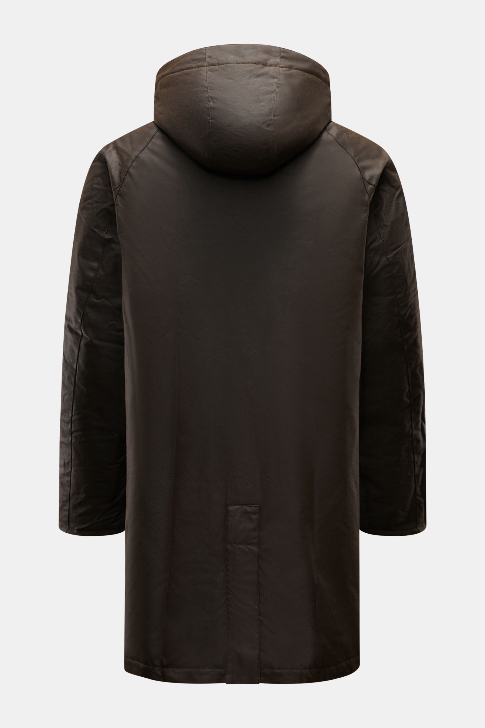 Barbour Wachsparka 'Beaudale' khaki von hinten, gewachste Baumwolle, wasserabweisend, mit abnehmbarer Kapuze, Regular Fit und Stehkragen mit Cordbesatz.