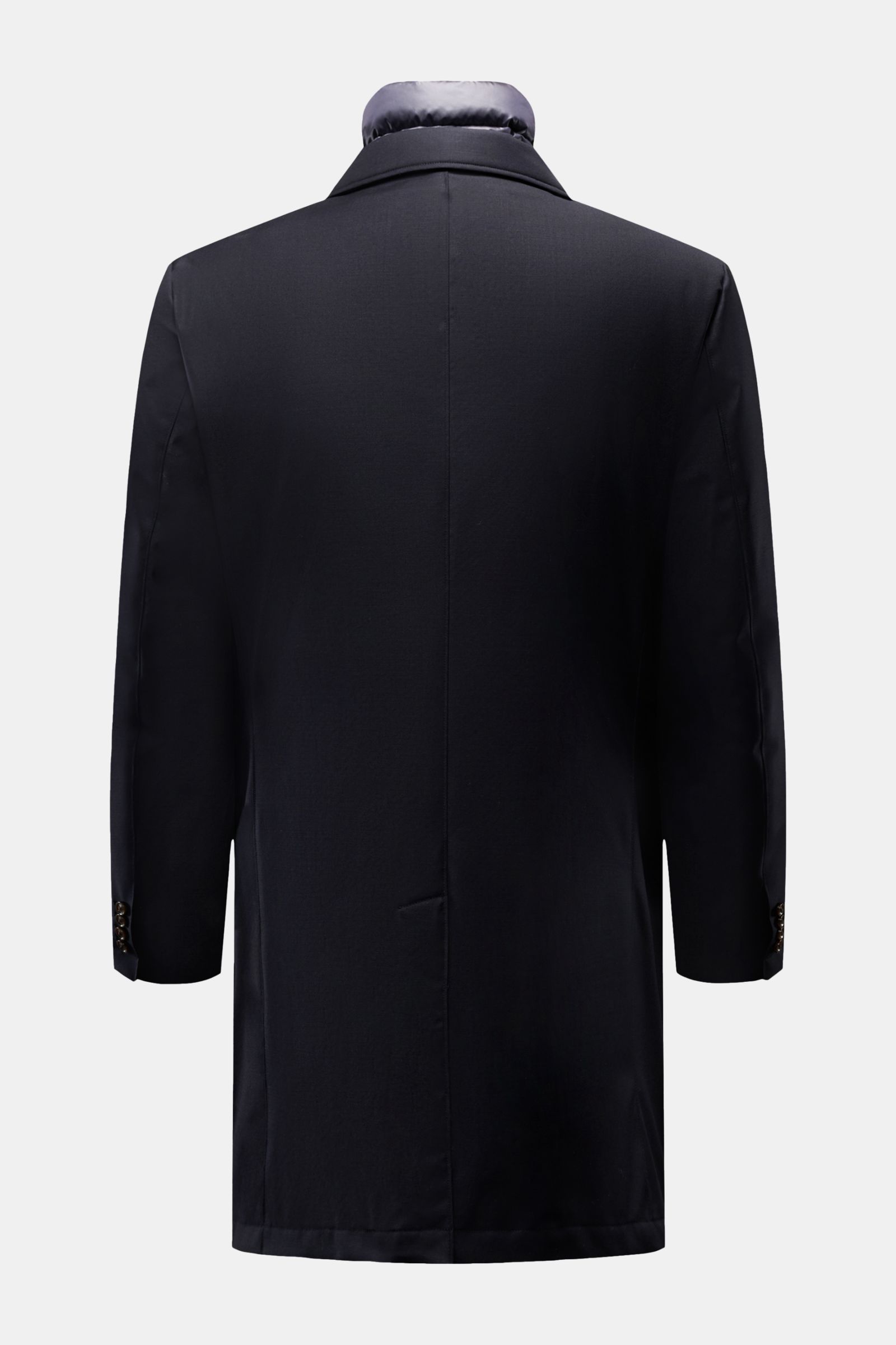 Montecore Daunen-Kurzmantel navy shown from the back, featuring a Slim Fit, twill Super 120'S wool, wind- and water-repellent, breathable fabric, warm down filling, removable double front with stand-up collar, leather details, three-button placket, notch 